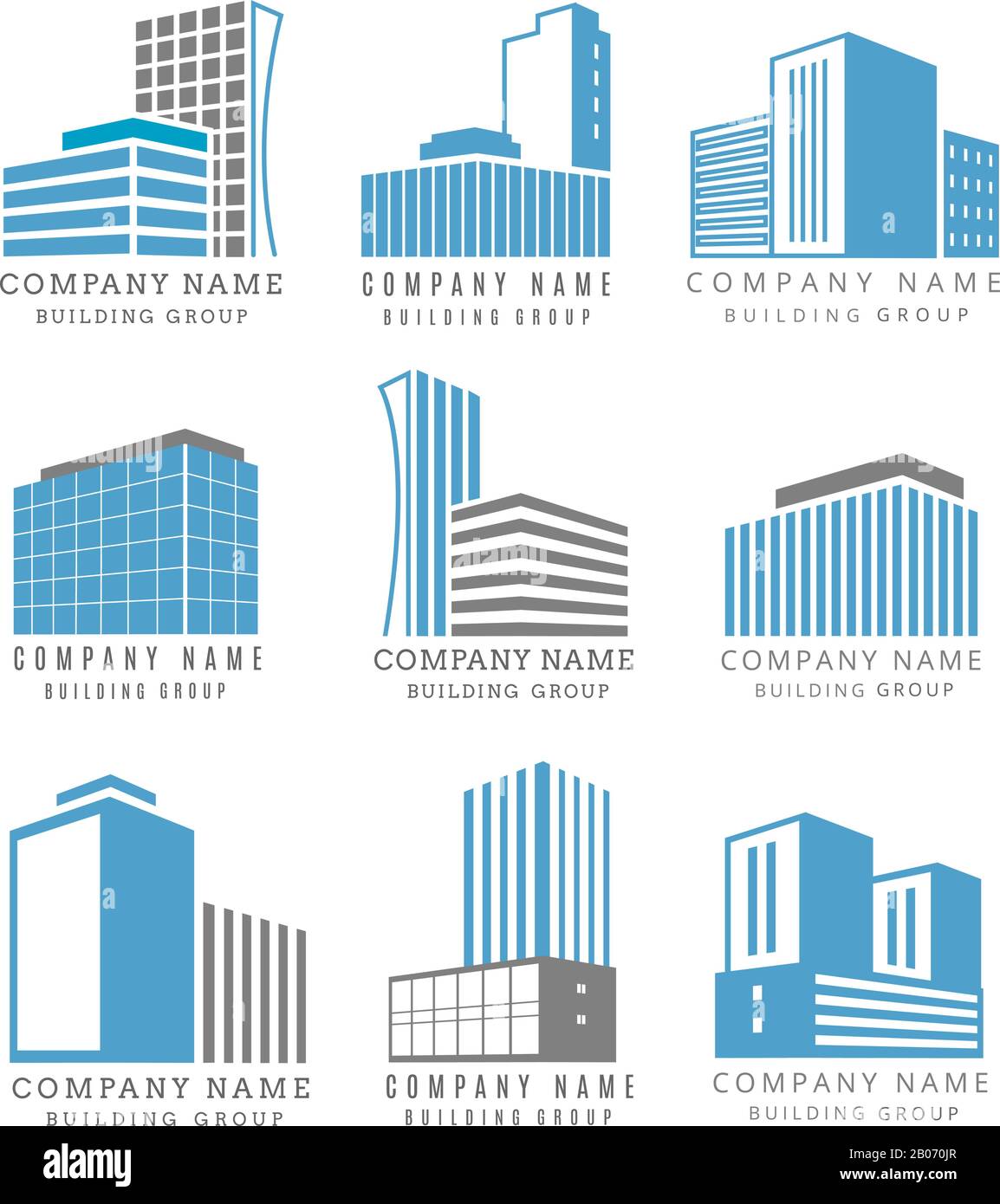 Real estate, construction business logo set with vector buildings icon. Skyscraper house for office, building group illustration Stock Vector