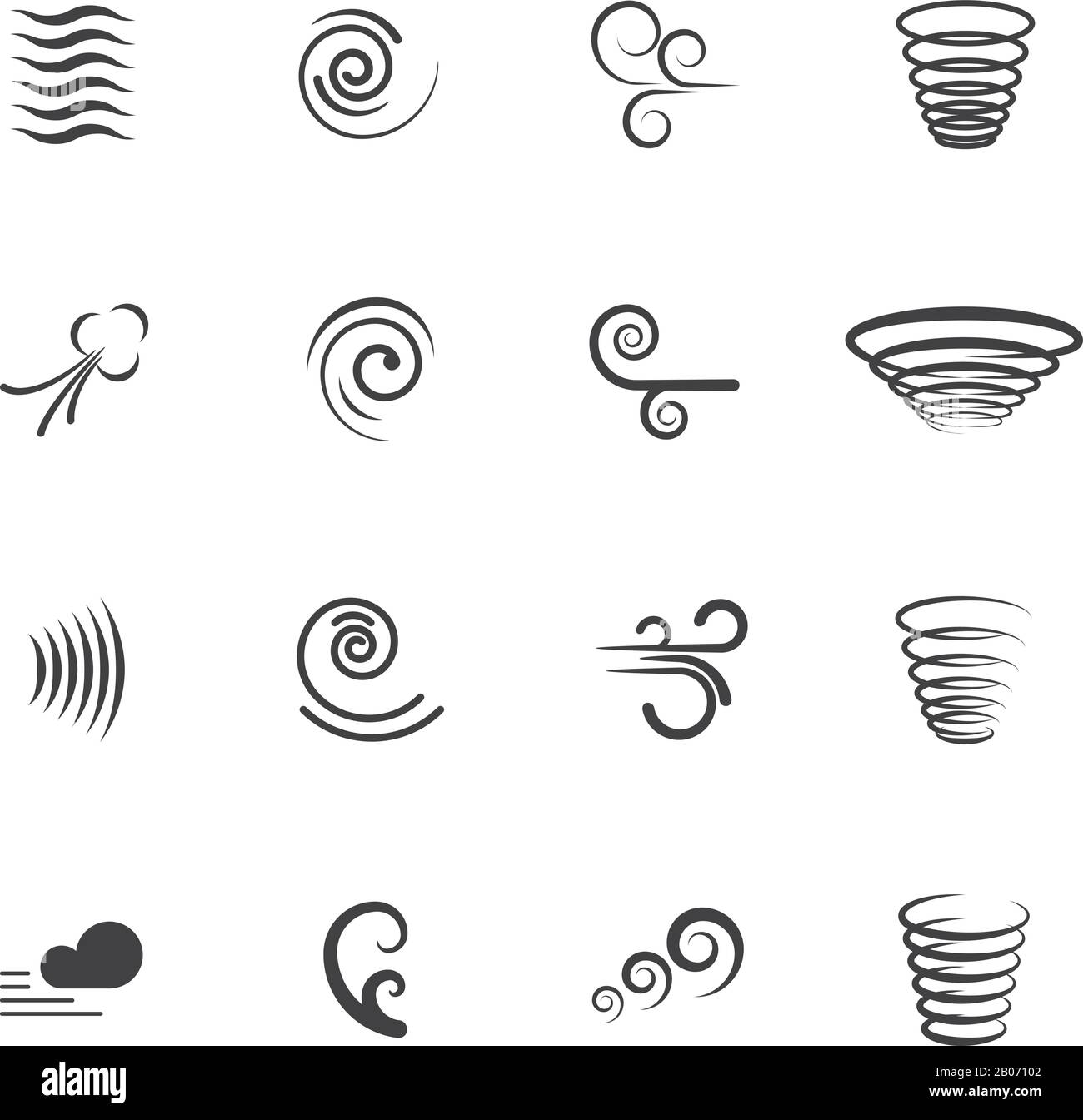 Wind, motion vector icons. Set of swirl and wave, vortex and tornado illustration Stock Vector