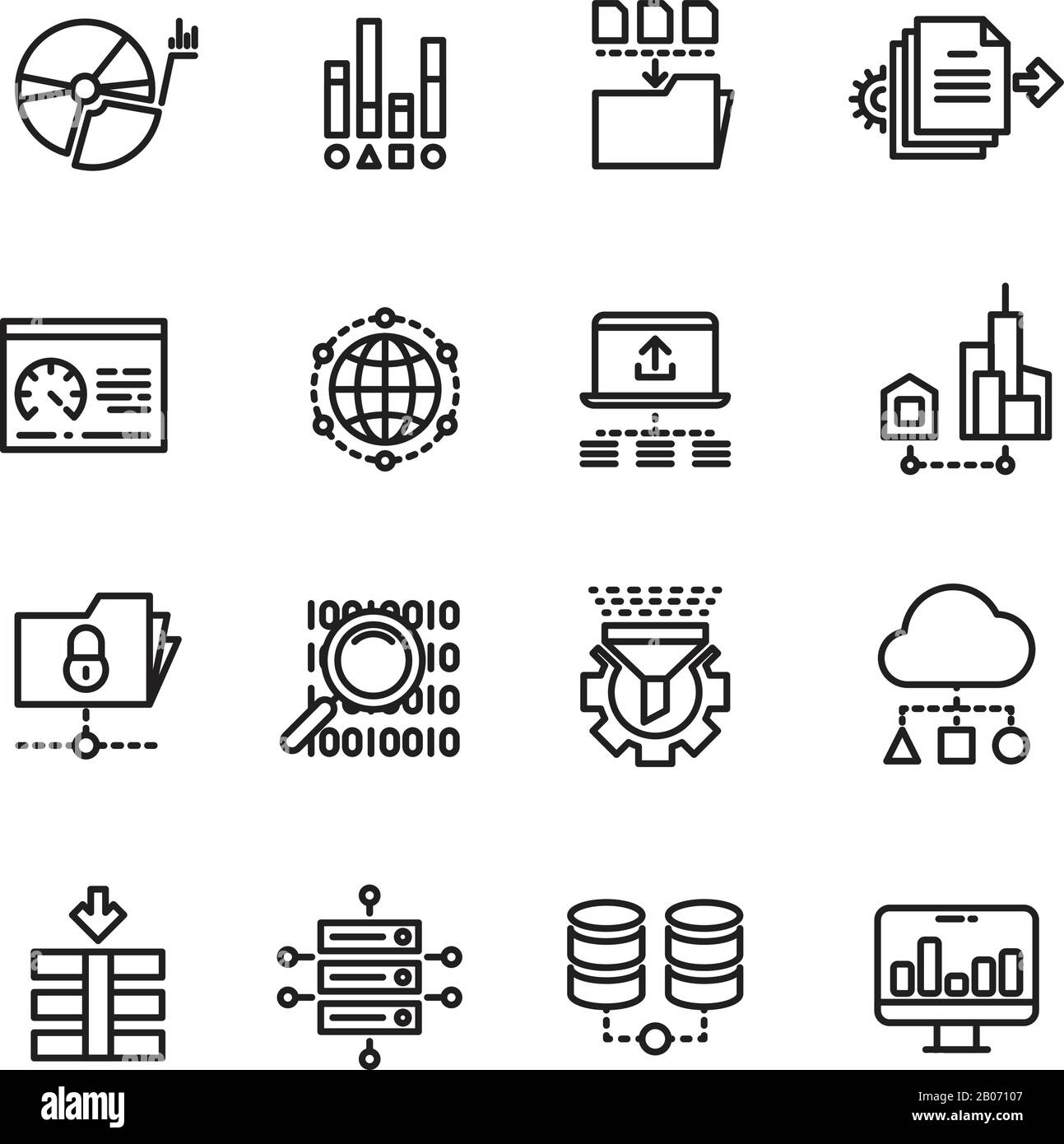 Big data cloud data technology services thin line vector icons. Database in folder, server with information illustration Stock Vector