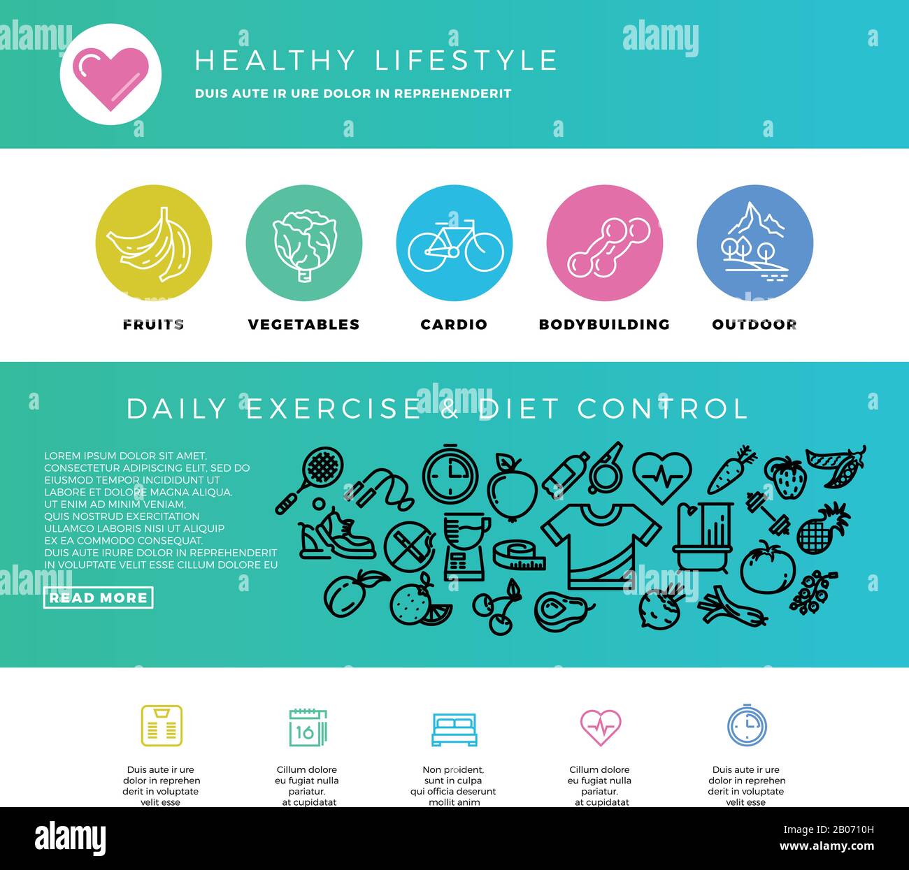 Fitness, gym, cardio, healthy lifestyle, health food, web design template with thin line icons. Bodybuilding and outdoor cardio training. Vector illustration Stock Vector