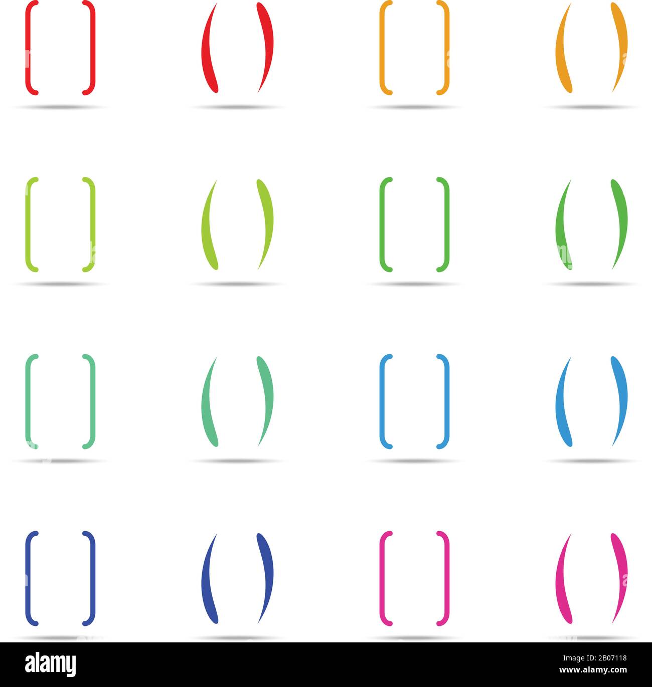 Color curly brackets, braces vector set. Multicolored parenthesis for