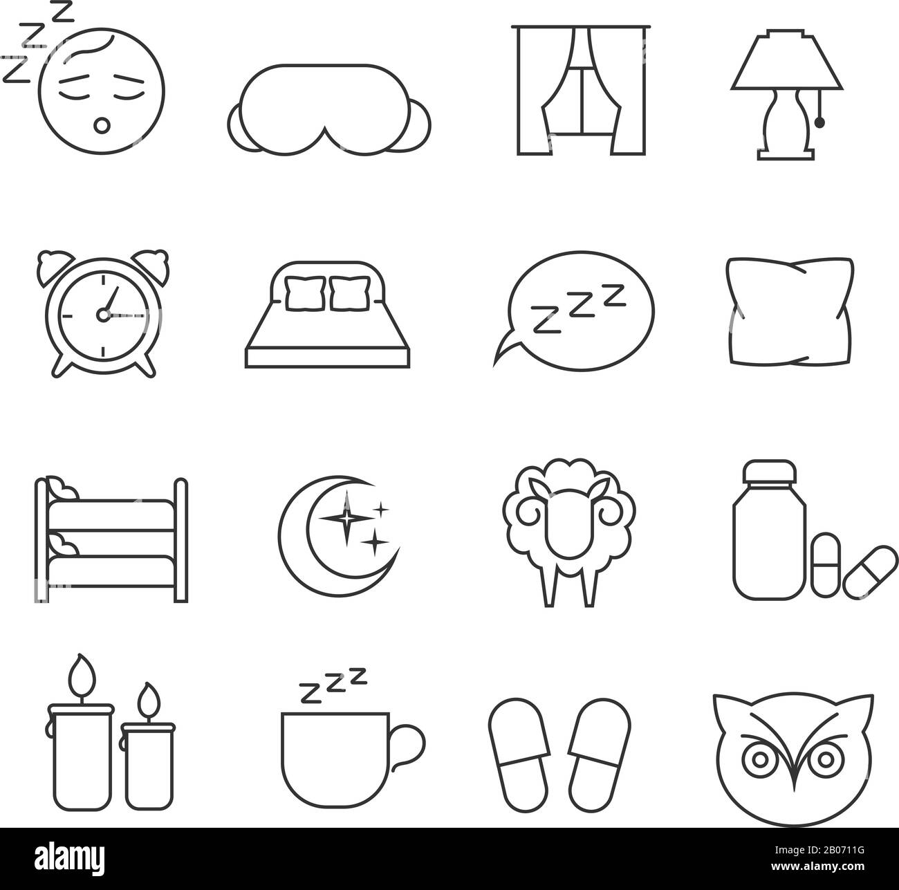 Sleeping bed time rest thin line outline vector icons. Dream and bedtime, sheep and mask for sleep illustration Stock Vector