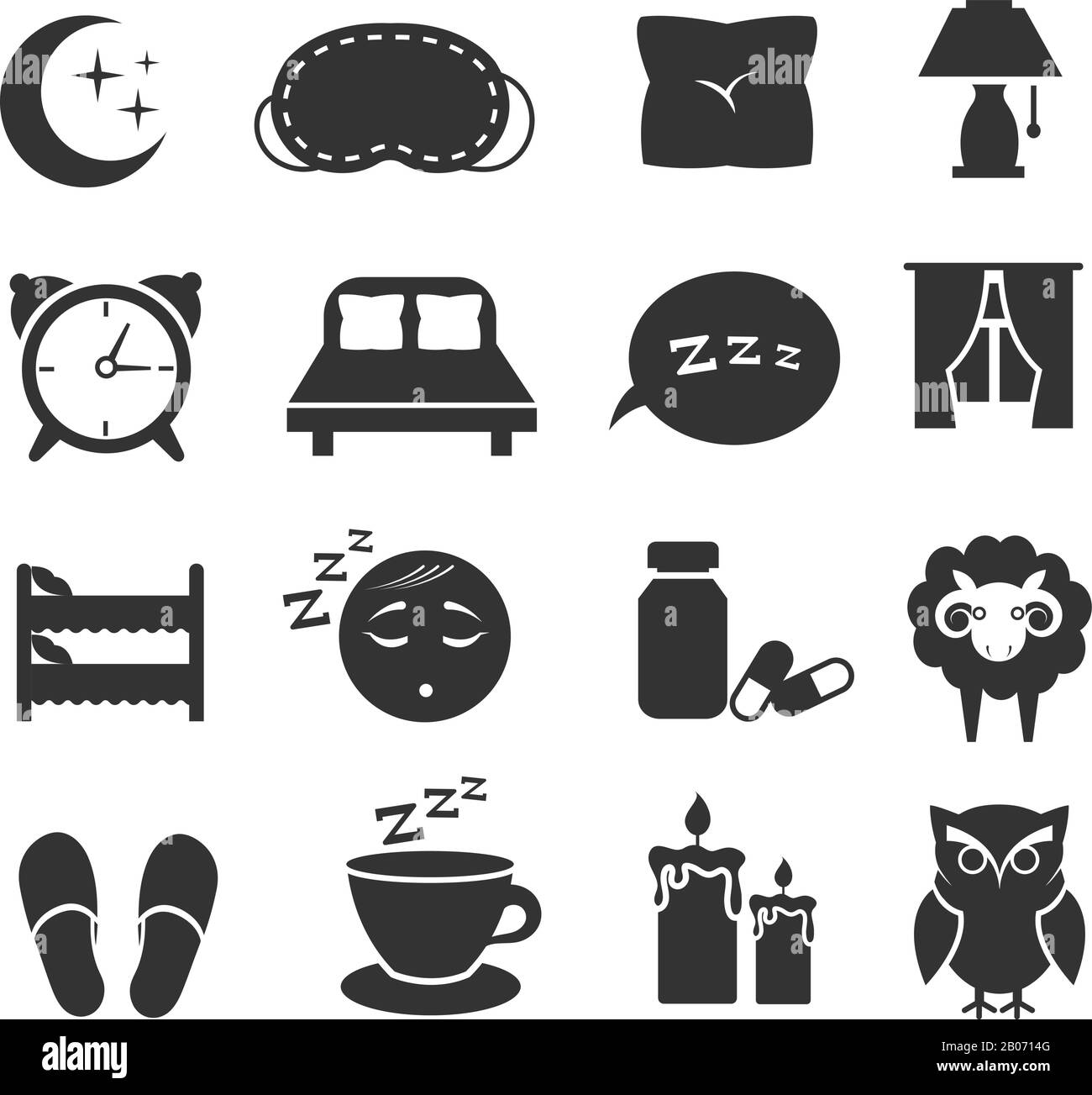 Sleep, night relax, pillow, bed, moon, owl, zzz vector icons sleeping symbols set. Bedroom for rest, clock and moon with star illustration Stock Vector