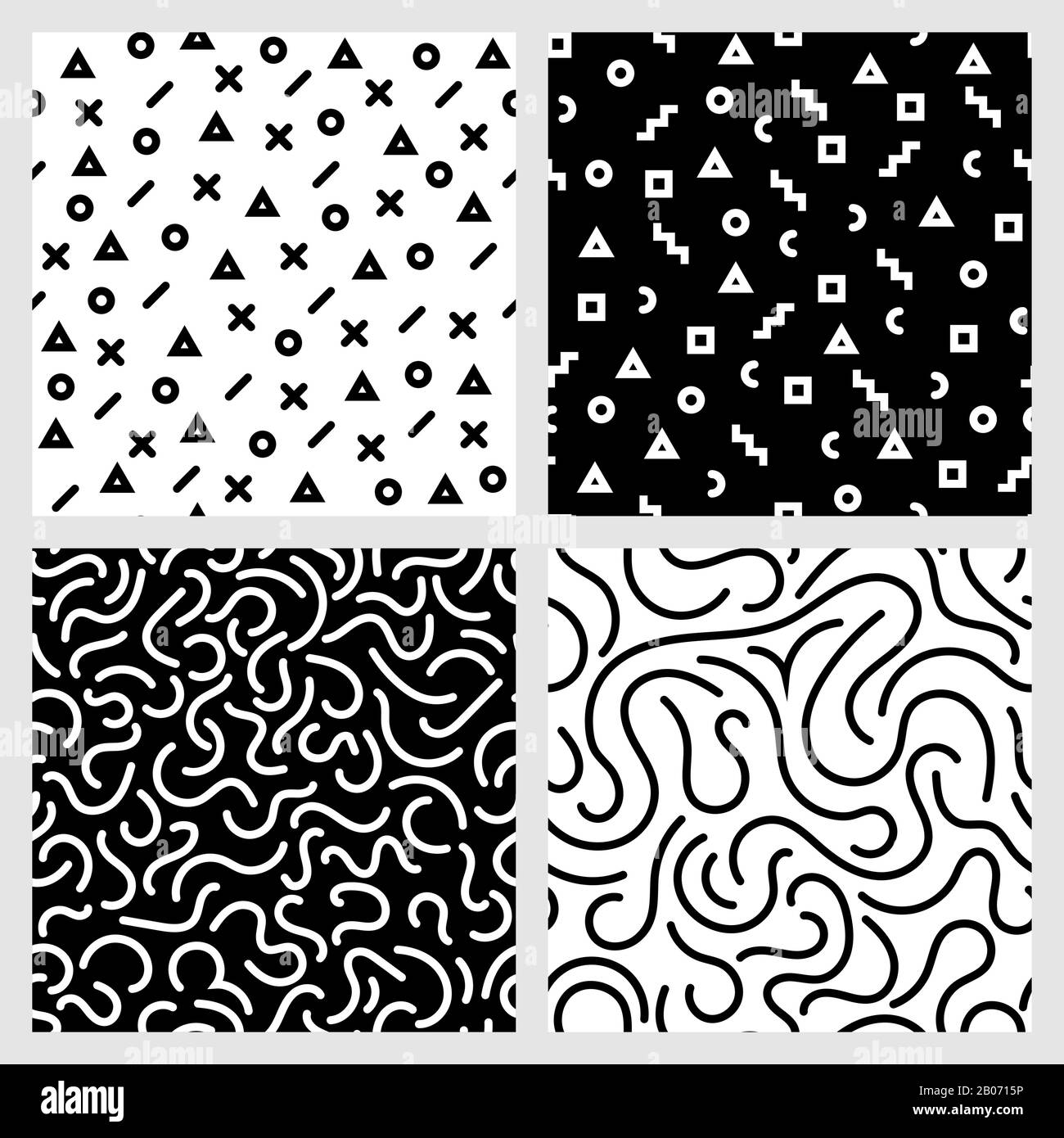 Monochrome seamless patterns vector set with abstract geometric shapes and strokes repetitive backgrounds. Triangle and square, circle and cross illustration Stock Vector