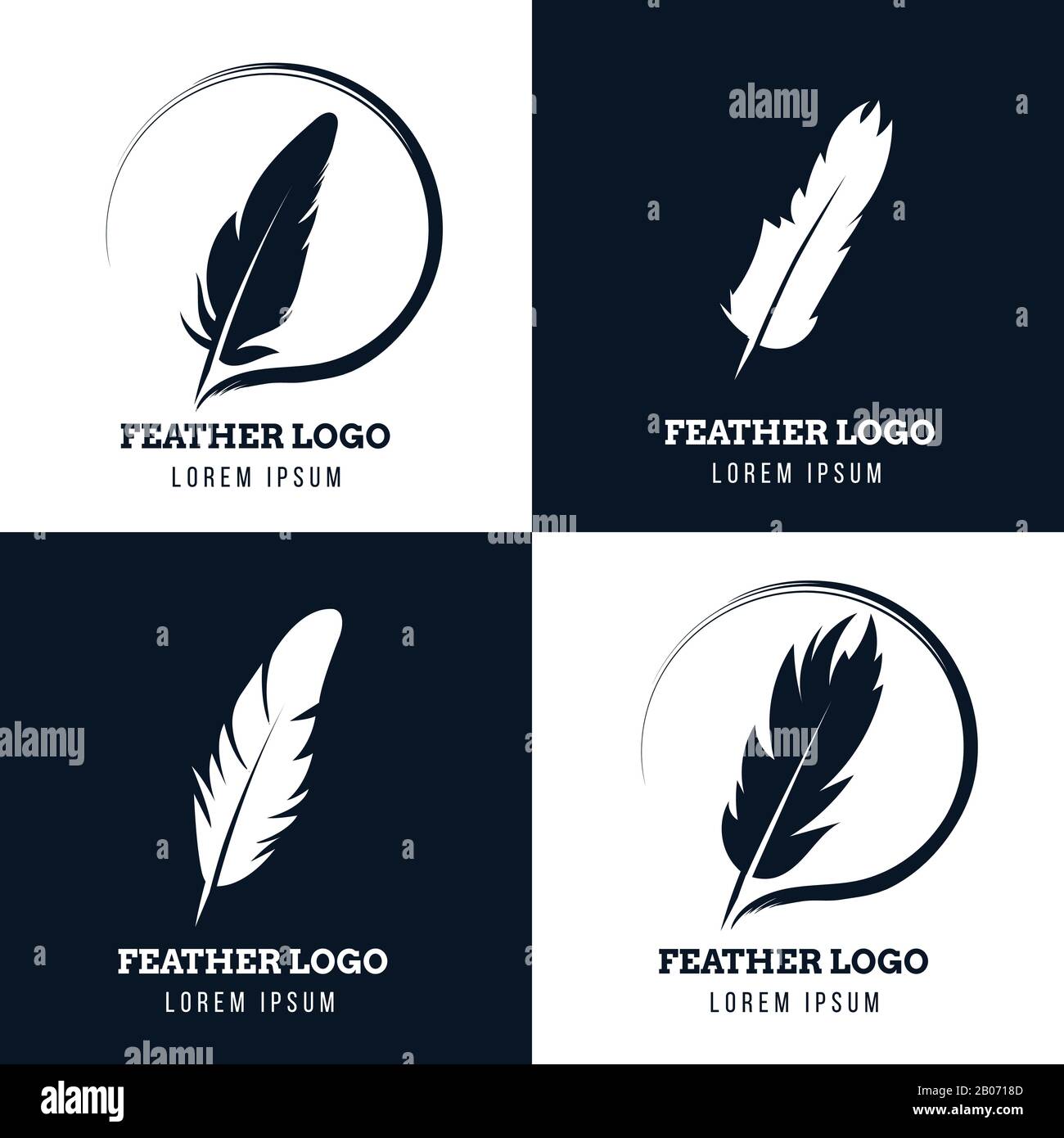 Feather, elegant pen, law firm, lawyer, writer literary vector logos set. Emblem with fluffy plume silhouette illustration Stock Vector
