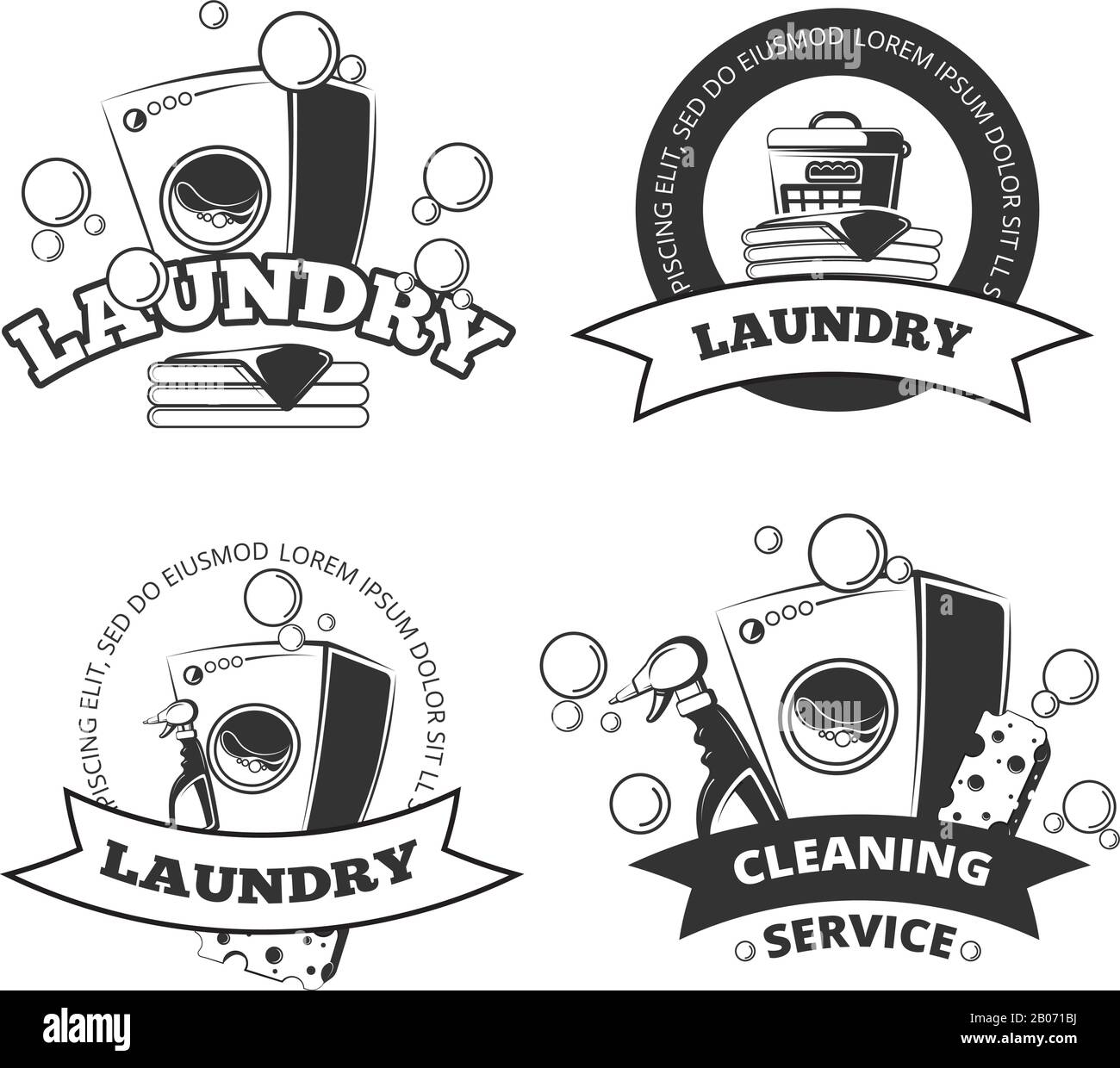 Vintage laundry service dry clean vector labels, emblems, logos, badges set. Basket and washing machine illustration Stock Vector
