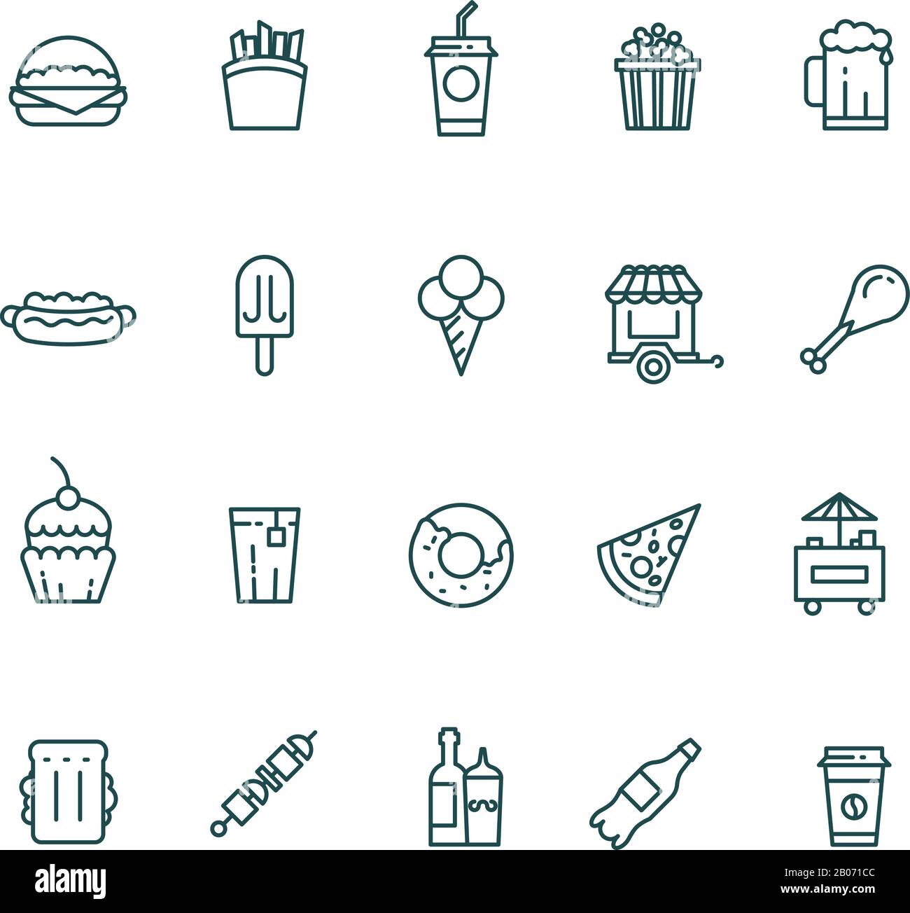 Fast food and snack thin line vector icons set. Pizza and hamburger, coffee with sandwich, and hot dog illustration Stock Vector