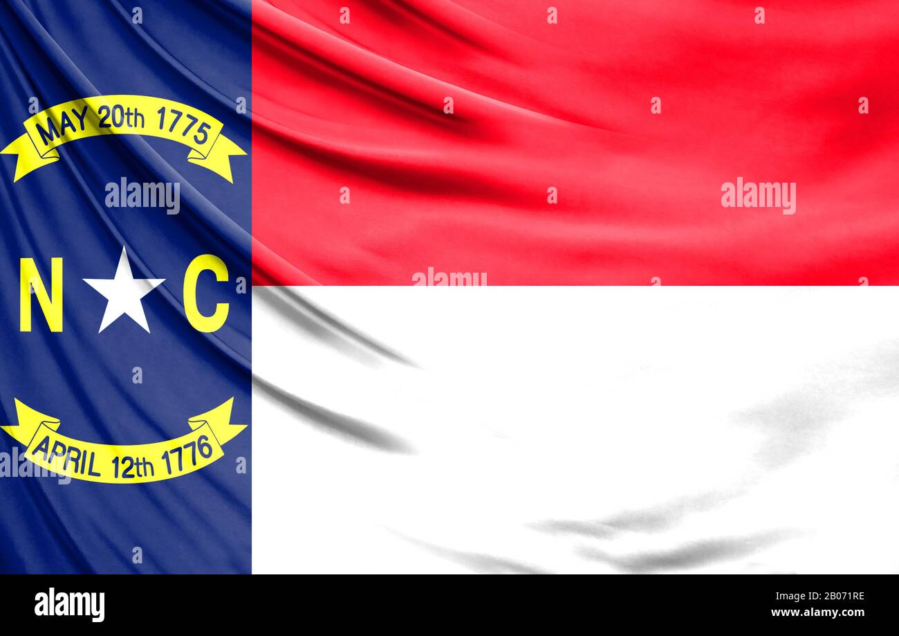 Realistic flag State of North Carolina on the wavy surface of fabric ...