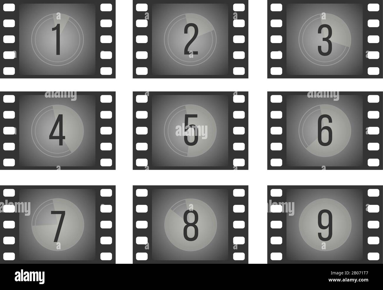 Old cinema film countdown movie frames with numbers vector set. Reverse the sequence count illustration Stock Vector