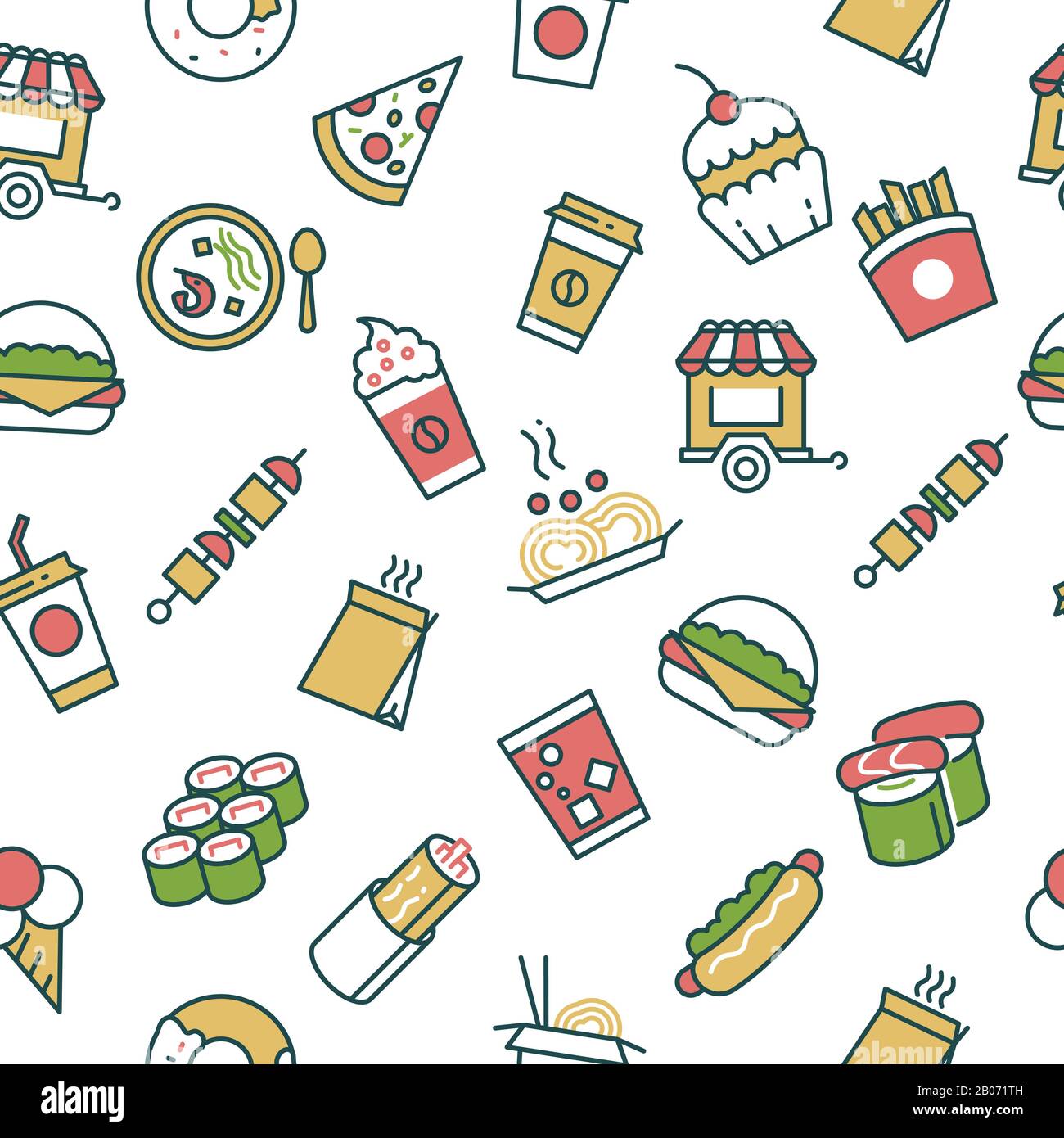 Seamless pattern with fast food line icons. Burger and pizza, sandwich with coffee, vector illustration Stock Vector