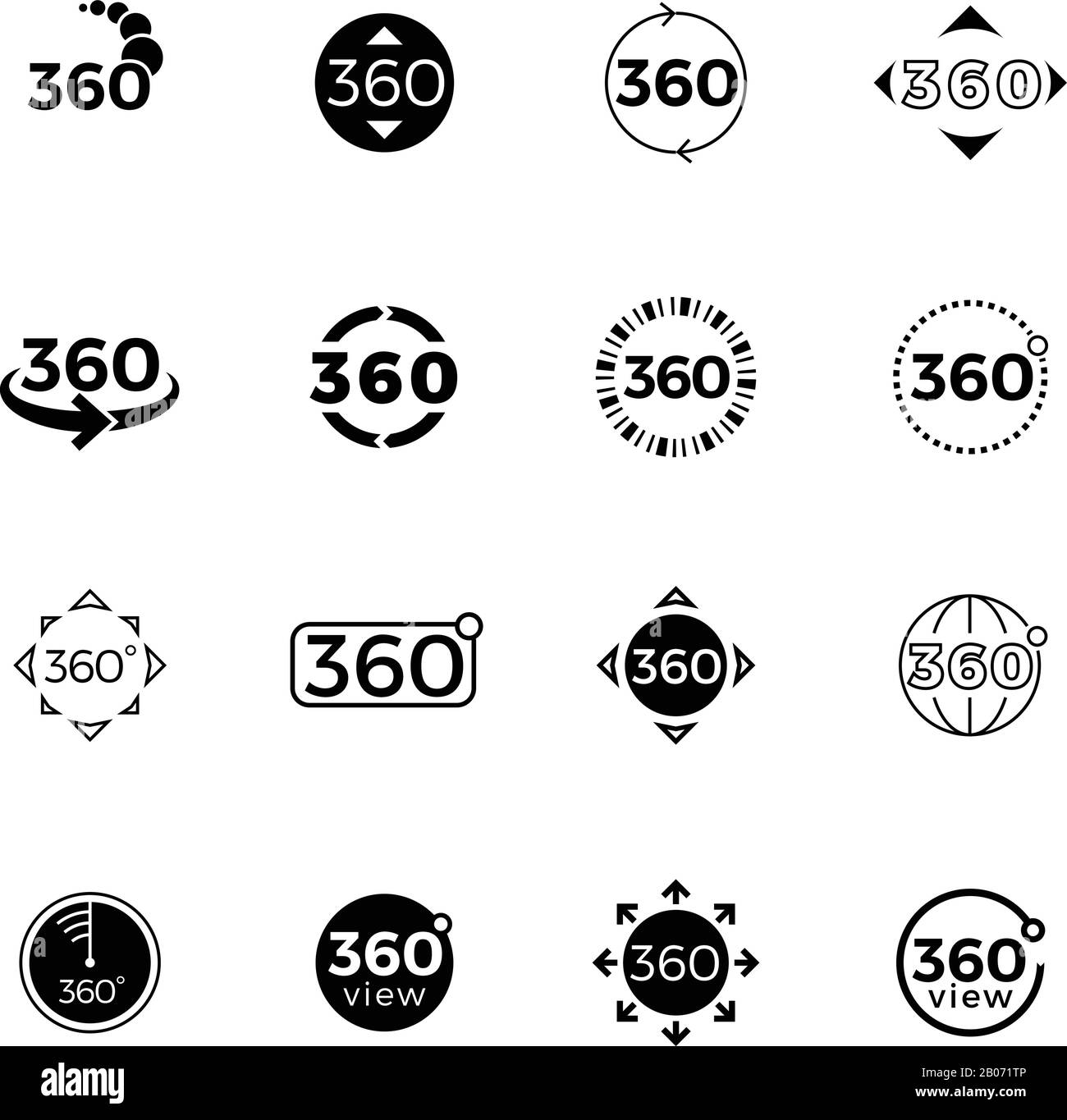 360 degrees angle view, rotate vector icons set. Rotate and turn panorama illustration Stock Vector