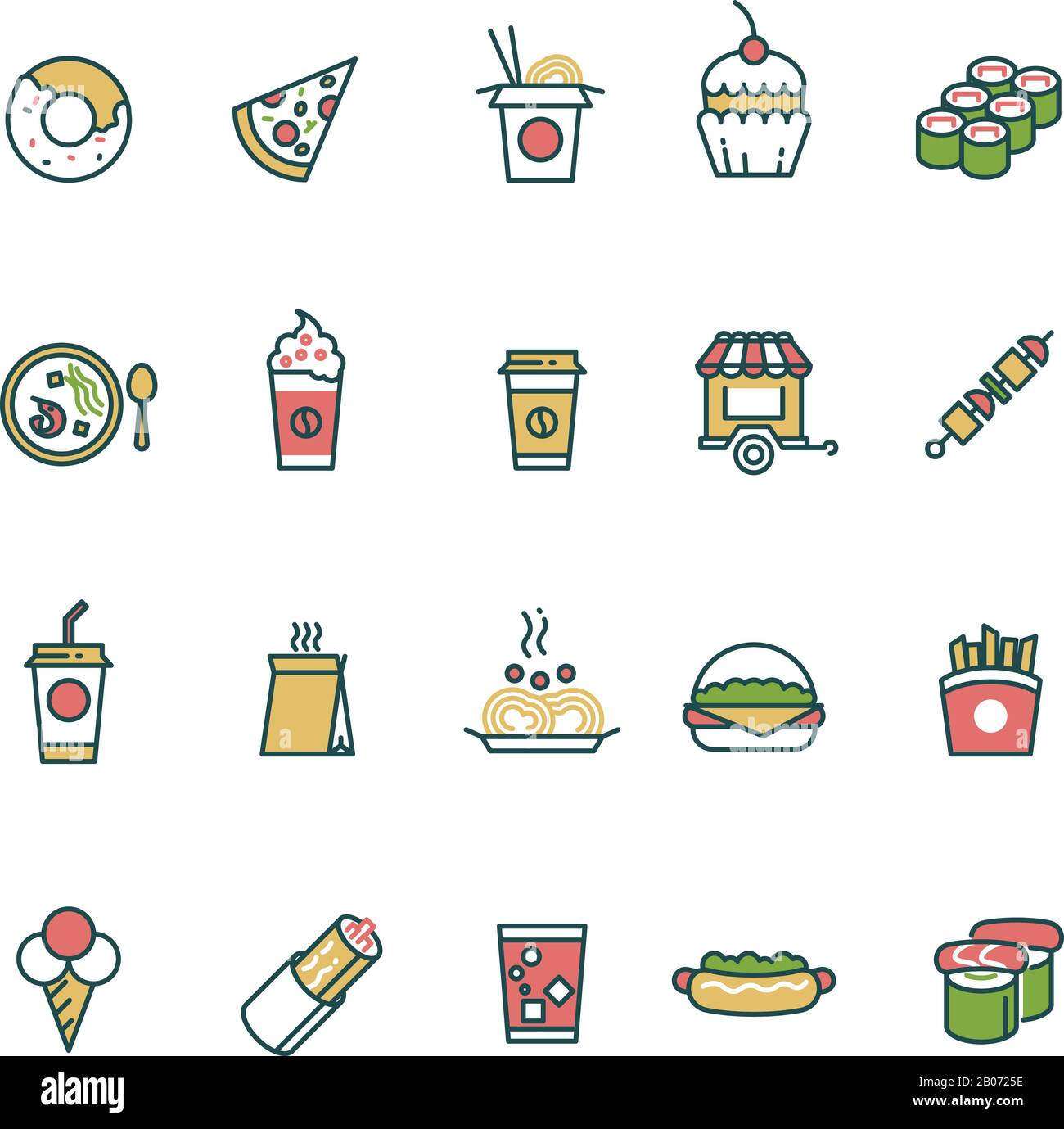 Outline fast food and chinese food vector icons with flat color elements. Pizza and burger, lunch sandwich with cake illustration Stock Vector
