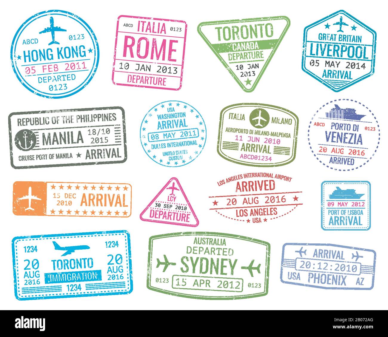 International business travel visa stamps vector arrivals sign. Set of variety rubber stamp city illustration Stock Vector