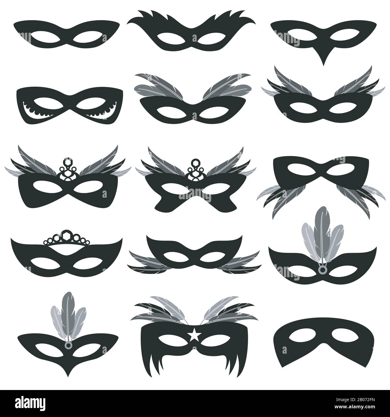 Black carnival party face masks isolated on white vector. Set of mask for theater and carnival illustration Stock Vector