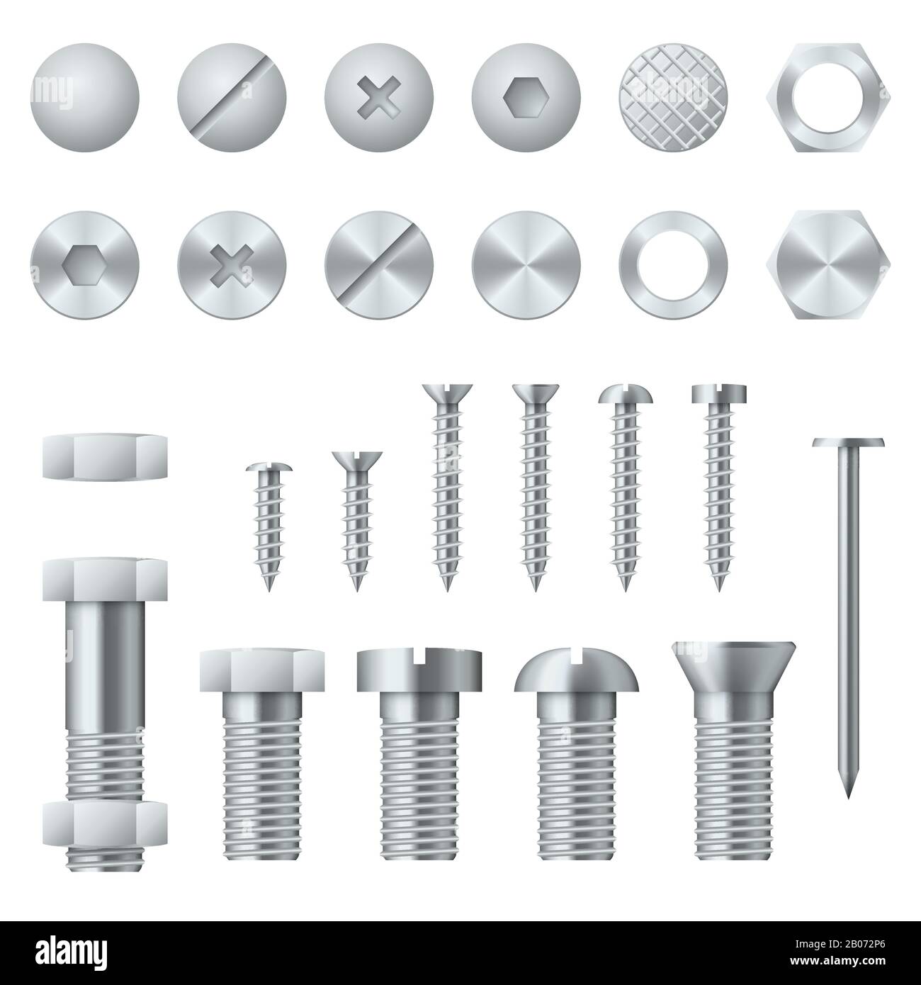 Screws, bolts, nuts, nails and rivets for fastening and fixing. Vector illustration design elements Stock Vector