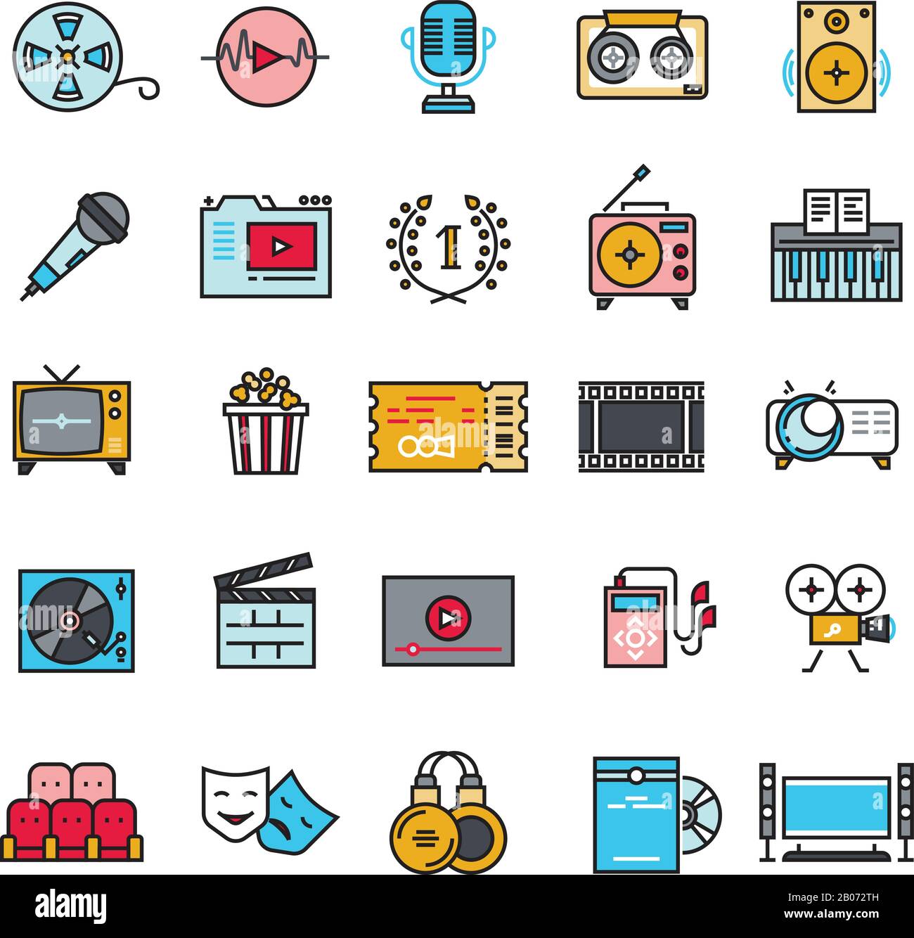 Multimedia sound audio music radio video thin line vector icons with flat elements. Media player and cinema, movie and headphone illustration Stock Vector