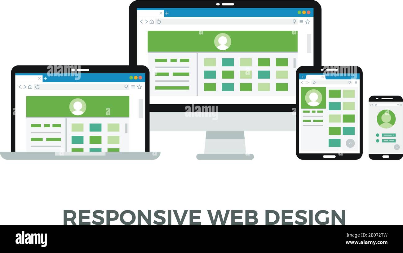 Responsive web design vector concept. website page on screens of desktop computer mobile laptop tablet pc computer and smartphone illustration Stock Vector