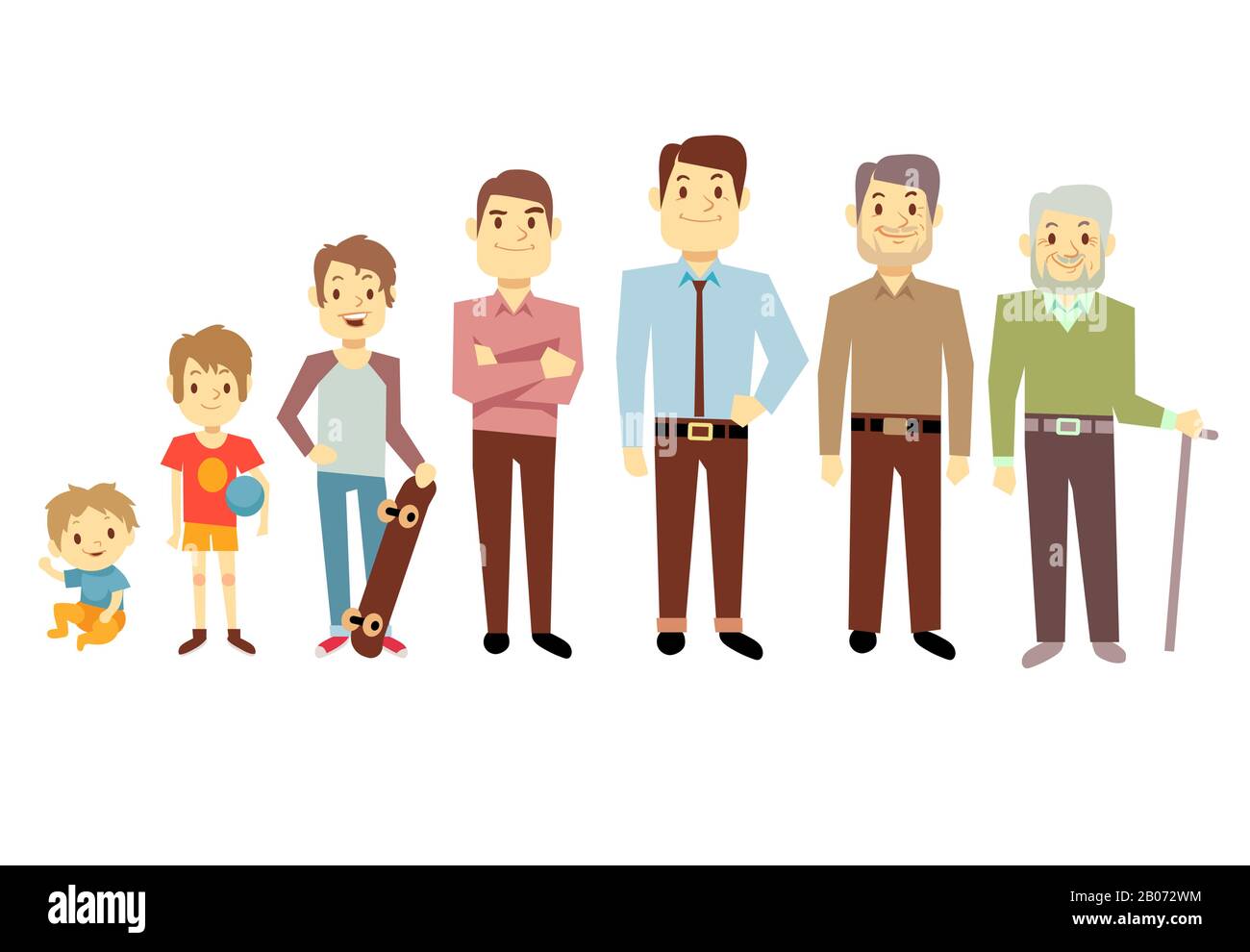 Men generation at different ages from infant baby to senior old man vector illustration. Teenager and young man, process aging Stock Vector