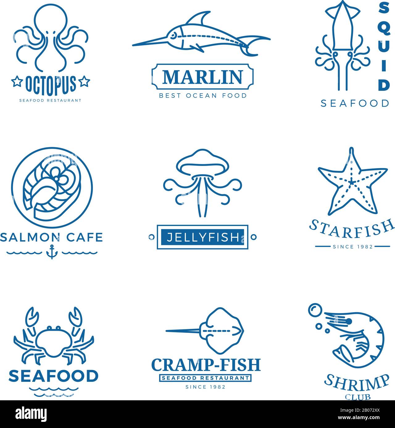 Seafood labels thin line vector labels, logos, emblems for restaurant, fish and octopus illustration Stock Vector