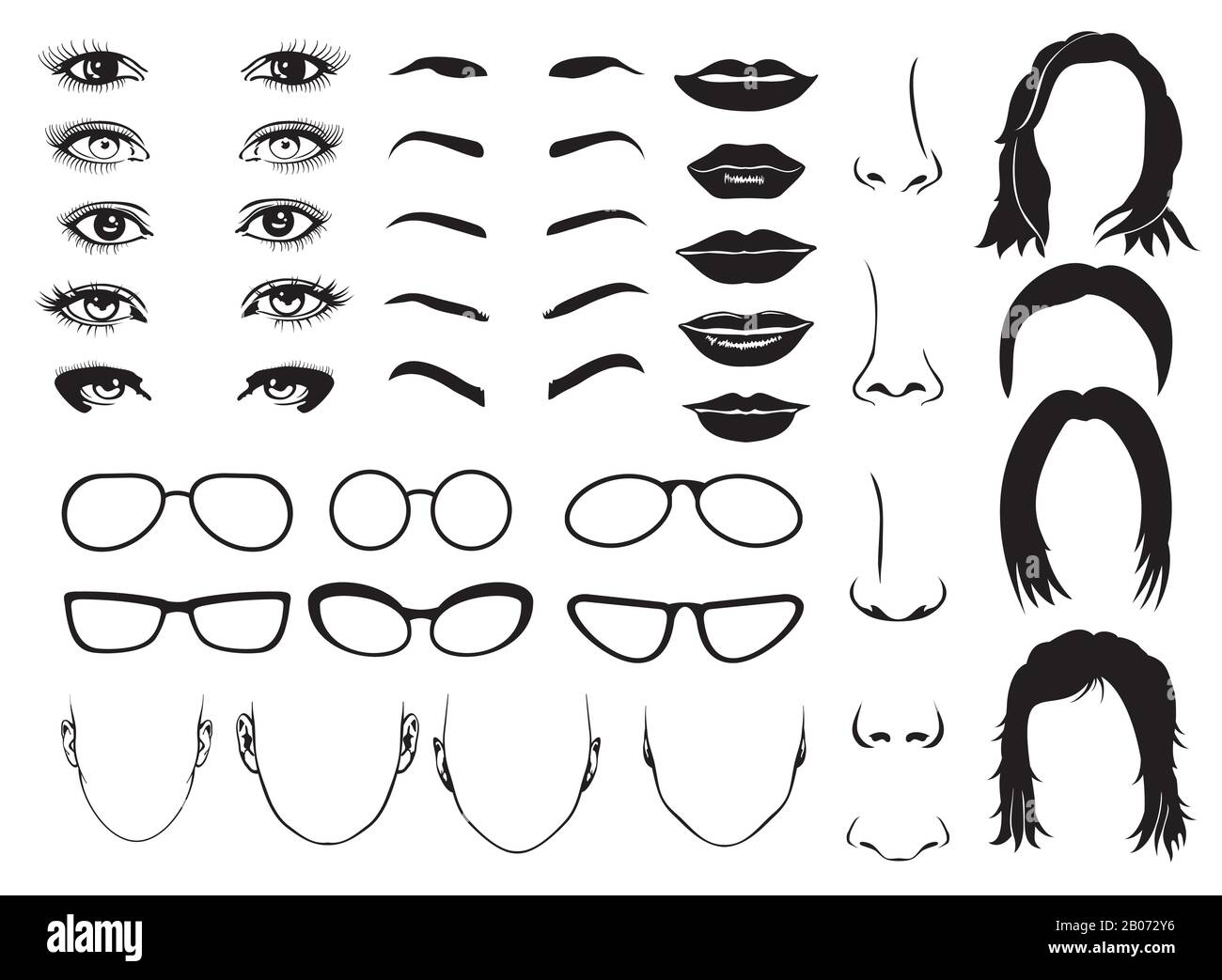 Woman face parts, eye, glasses, lips and hair. Vector female elements for constructor portrait illustration Stock Vector