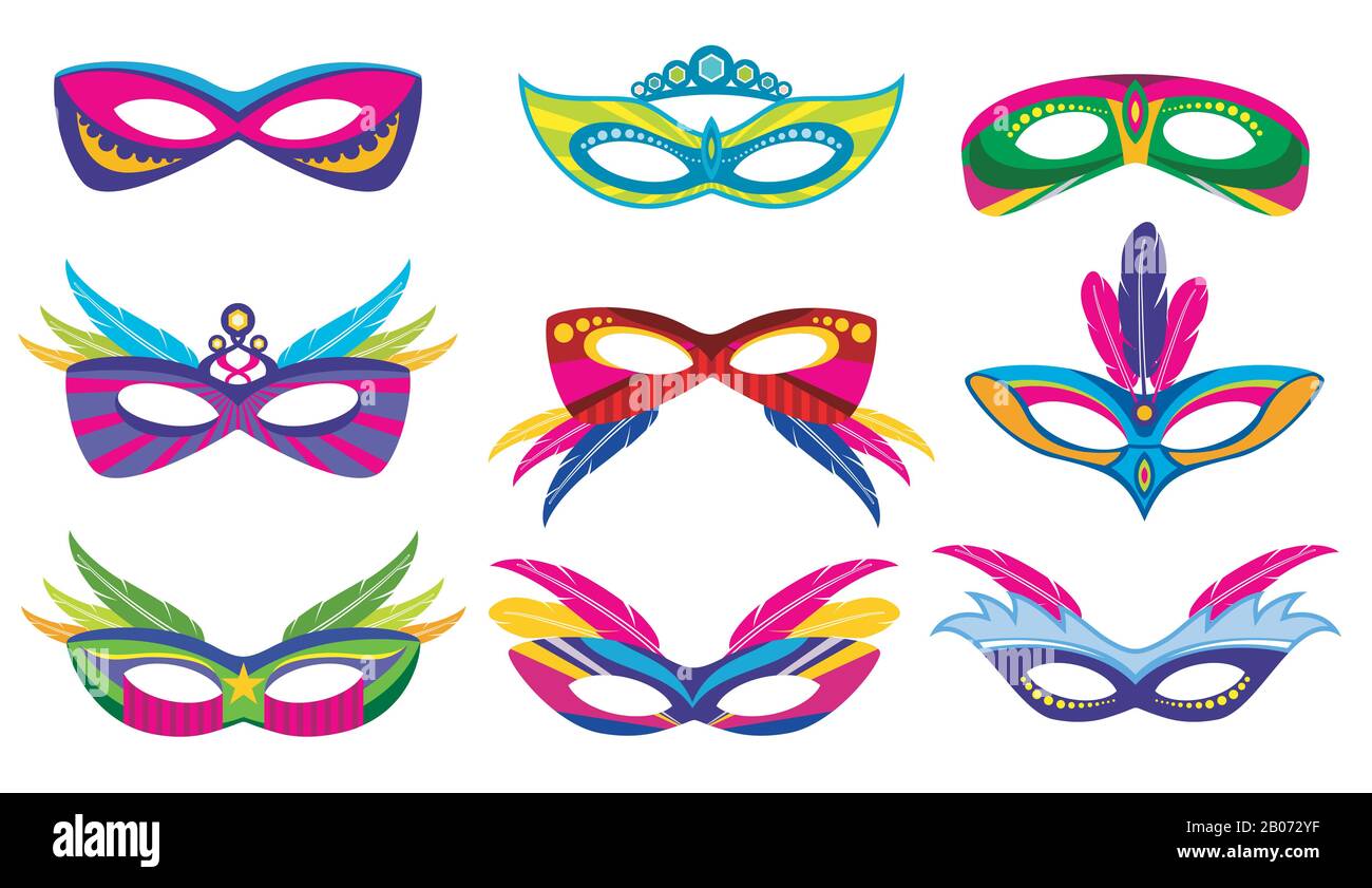 Isolated color mardi gras masks vector collection. Masquerade and carnival party illustration Stock Vector