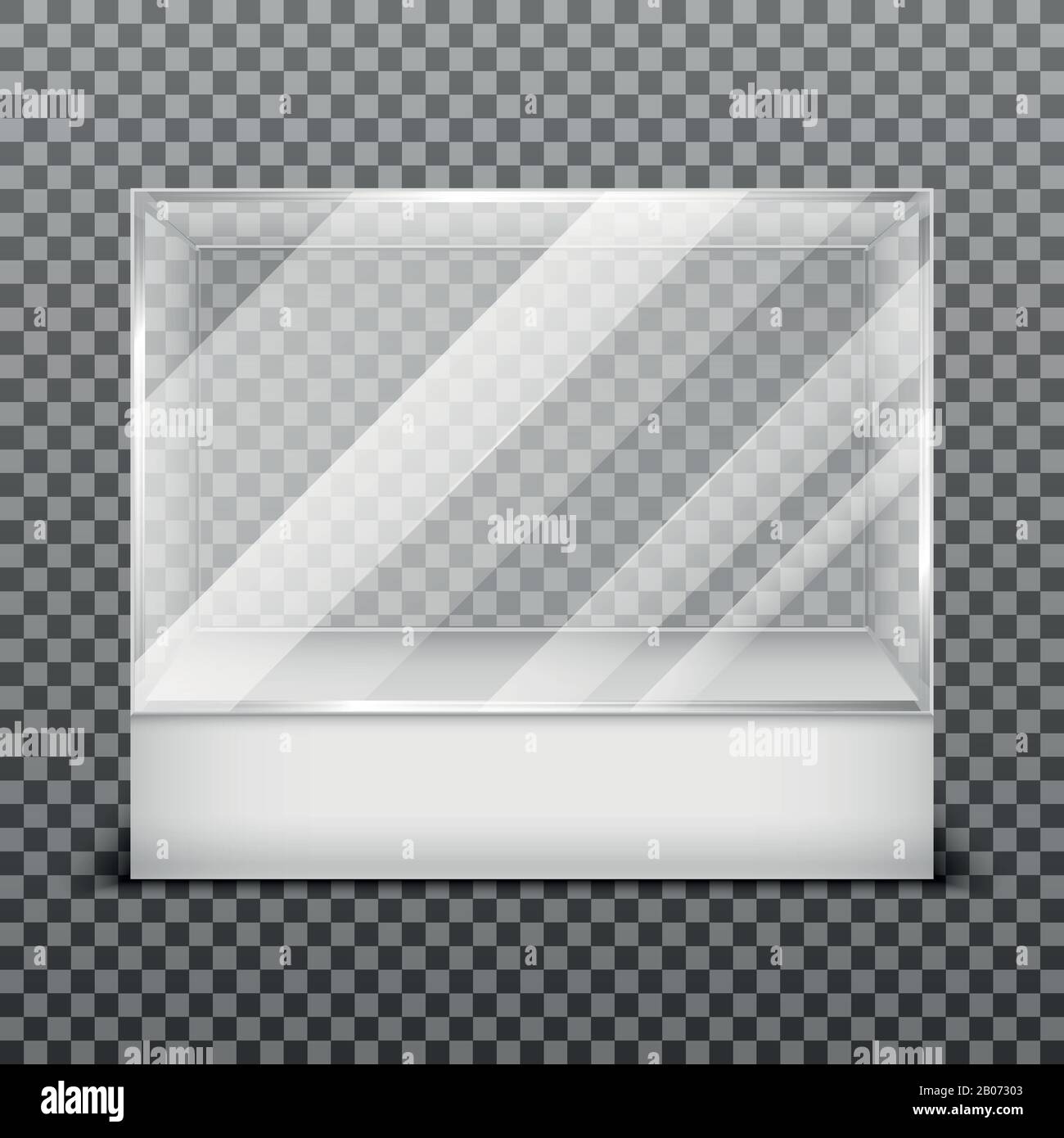 Transparent display glass box isolated on checkered background. Empty