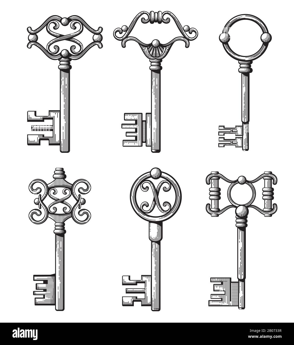 Vintage medieval keys, antique chaves vector illustration. Filigree key for access and open door Stock Vector