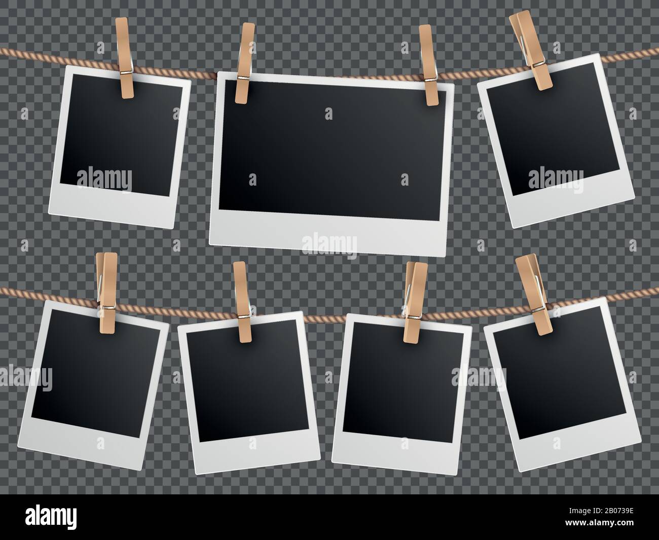 Retro photo frames hanging on rope isolated on checkered transparent