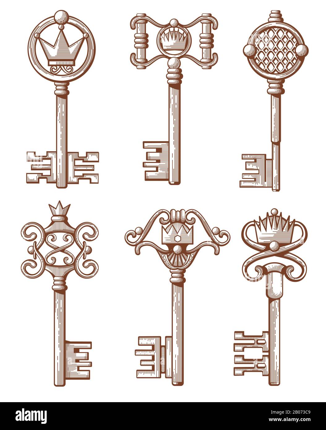 Retro old keys vector illustration in hand drawn style. Set of keys with crown Stock Vector