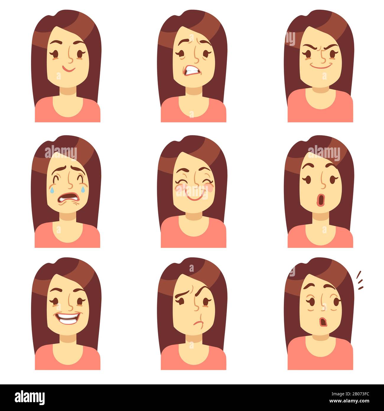 Woman, girl face emotions expression vector avatar icons. Emotional sad and angry, unhappy and fear illustration Stock Vector