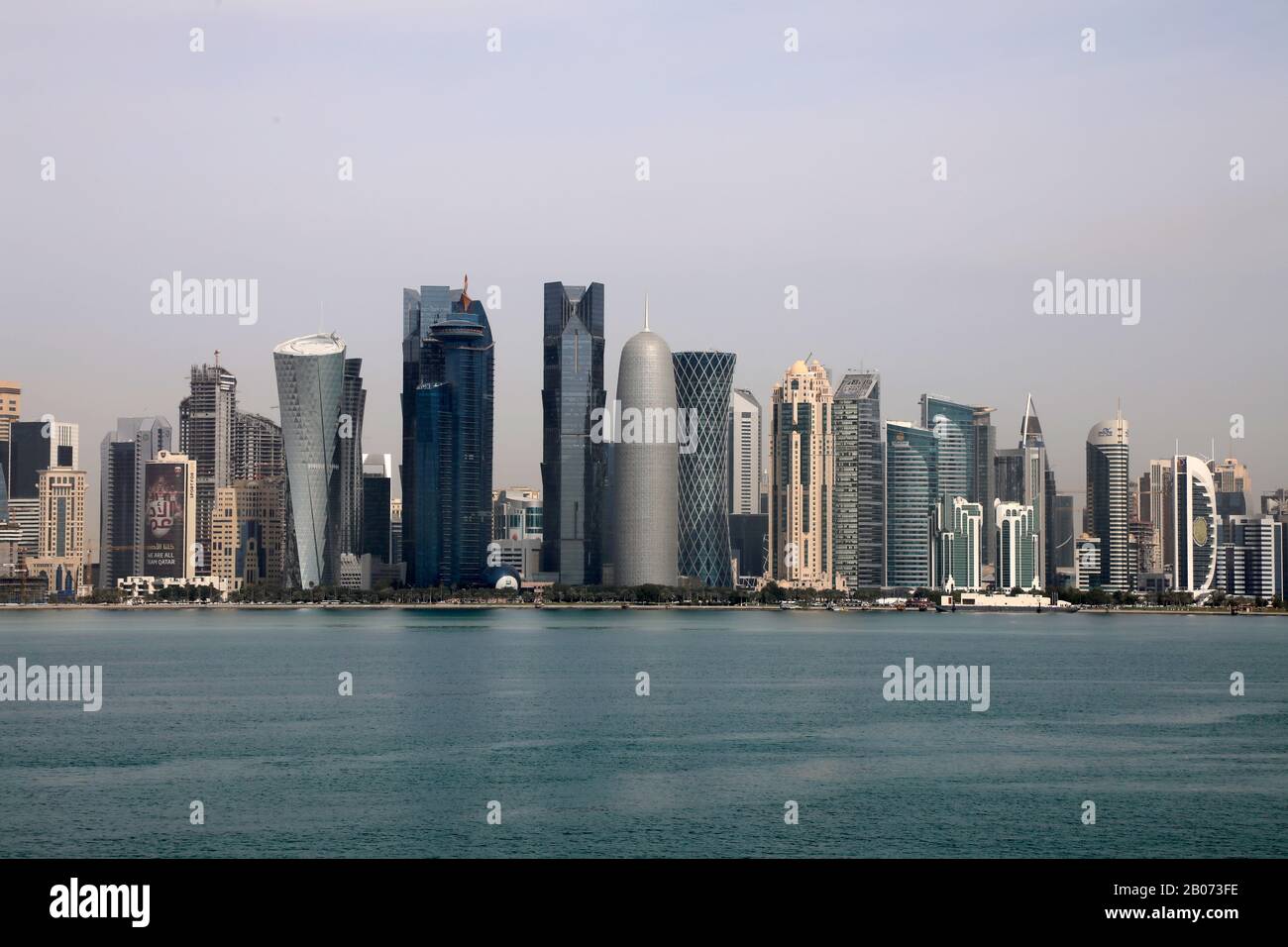 Doha / Qatar – February 18, 2020: View of the towers of the West Bay area of Doha, the city’s main business district Stock Photo