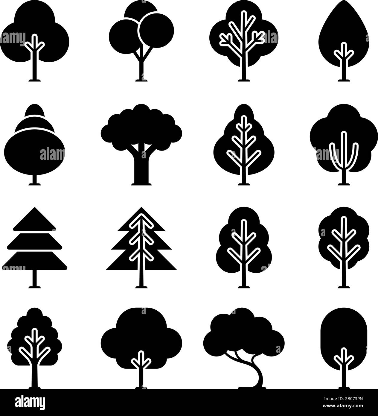 Vector black tree icons set. Monochrome natural plant with leaves