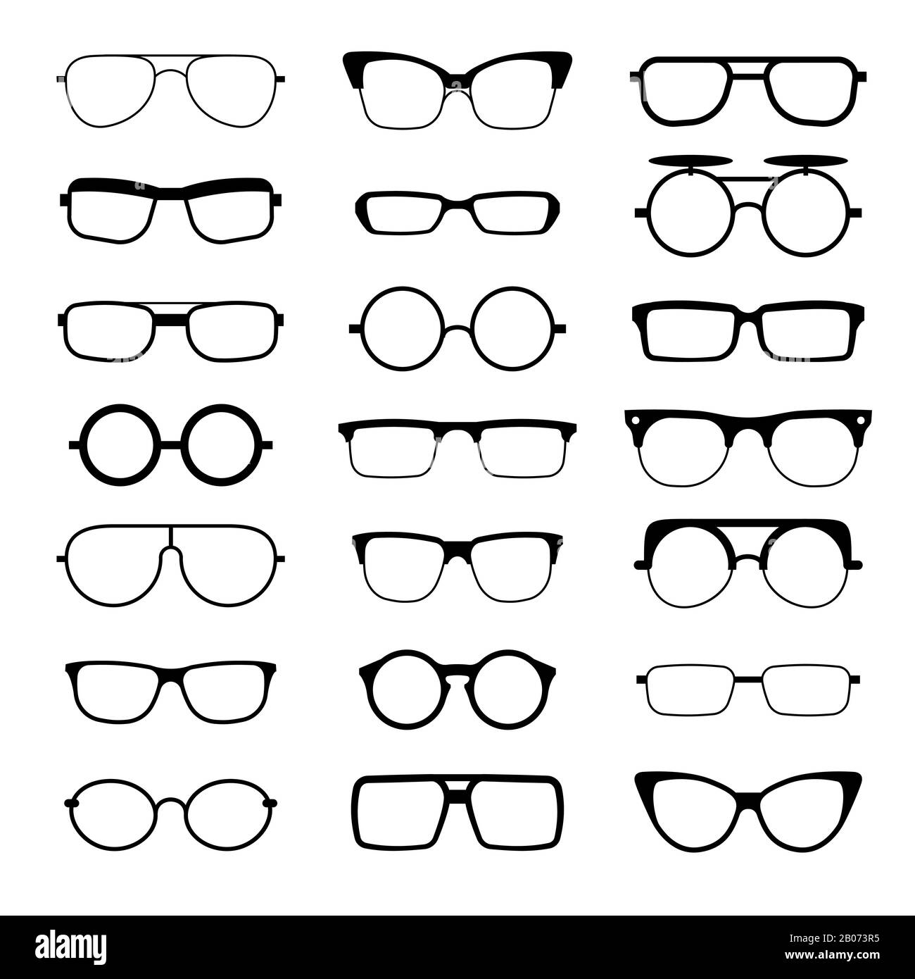 Sunglasses, eyeglasses, geek glasses different model shapes vector silhouettes icons. Fashion assortment eyewear illustration Stock Vector