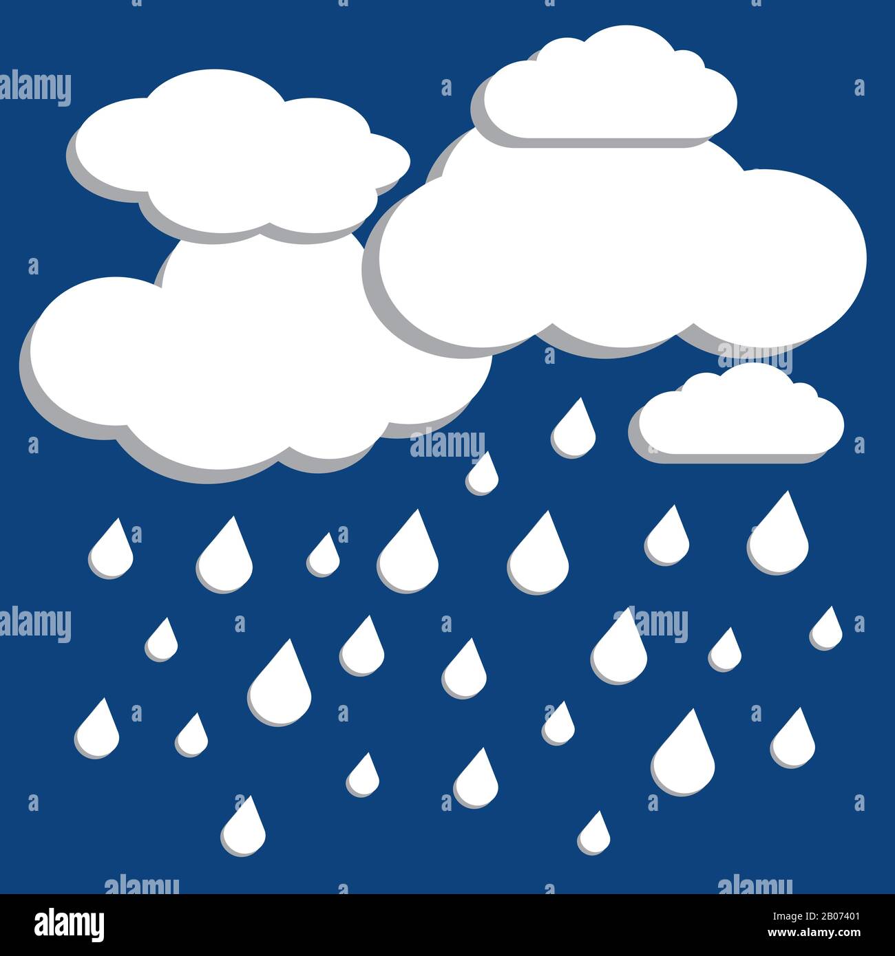 White vector clouds with falling rain over blue background. Cloudy and rainy weather illustration Stock Vector