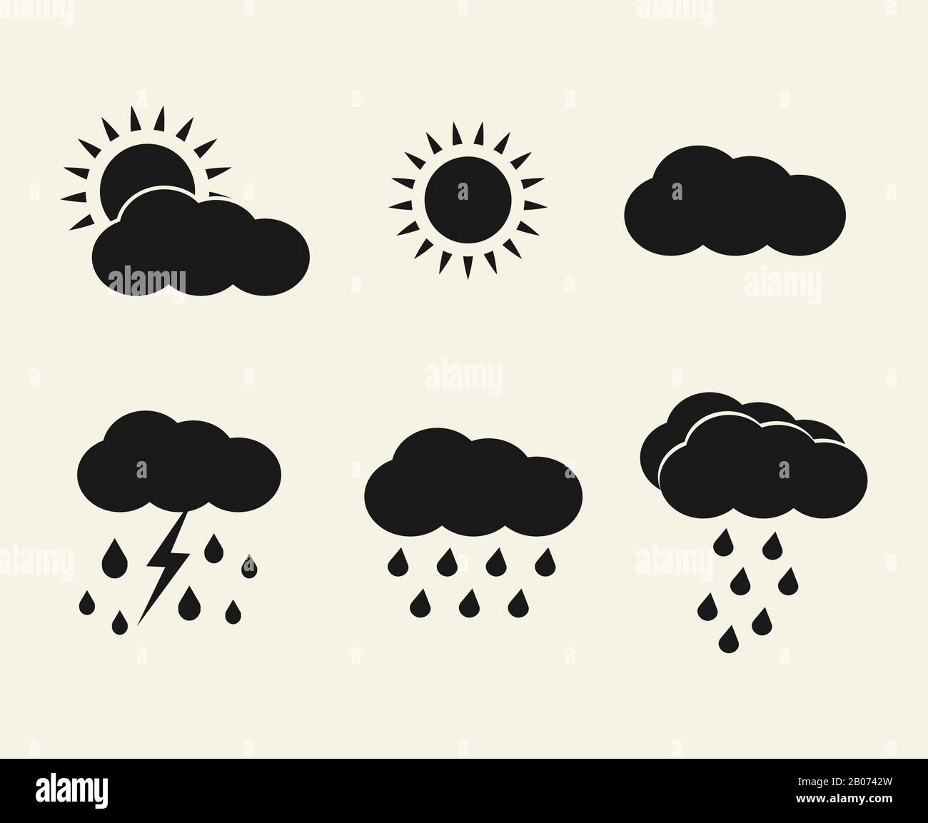 Vector weather icons set. Sun, clouds, rain and lightning black silhouette illustration Stock Vector