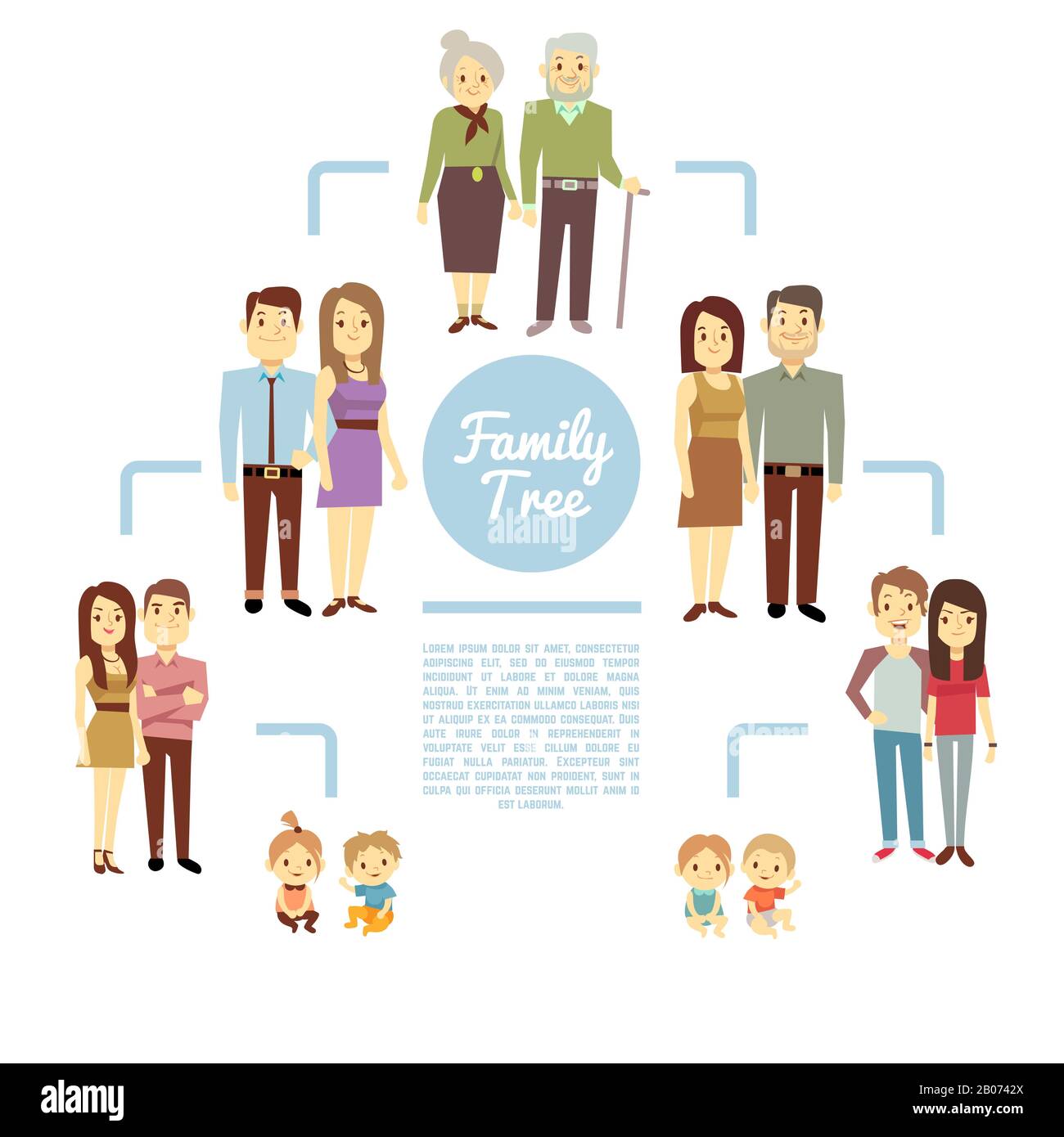 Family tree with people icons of four generations vector illustration. Father and mother, son and daughter Stock Vector