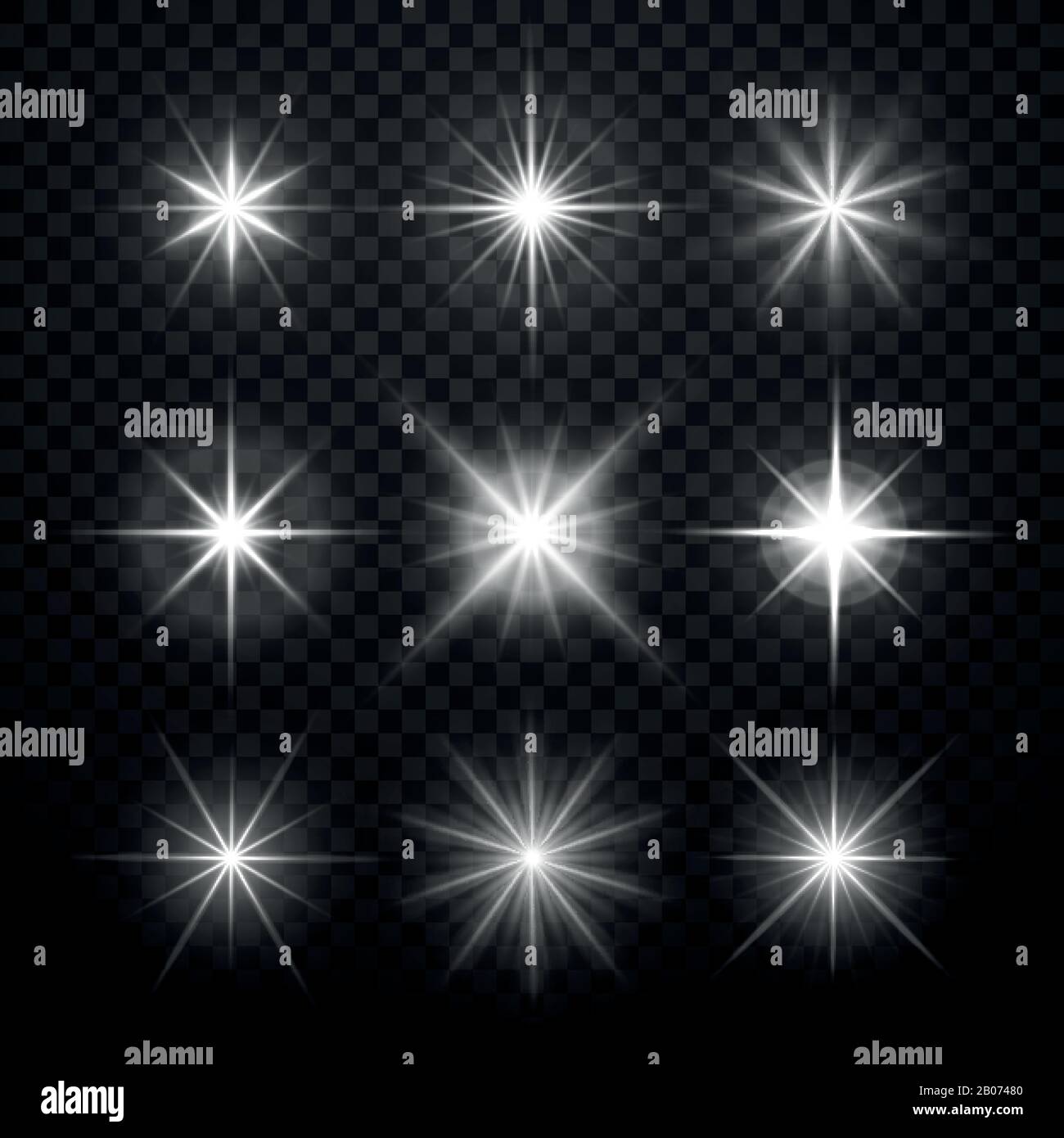 Glowing light effects, stars bursts with sparkles isolated on transparent checkered background. Vector illustration Stock Vector