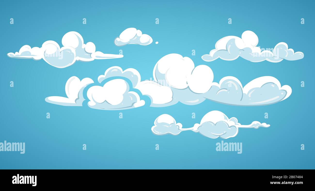 Blue sky and white clouds vector illustration. Cloudscape fluffy in atmosphere Stock Vector