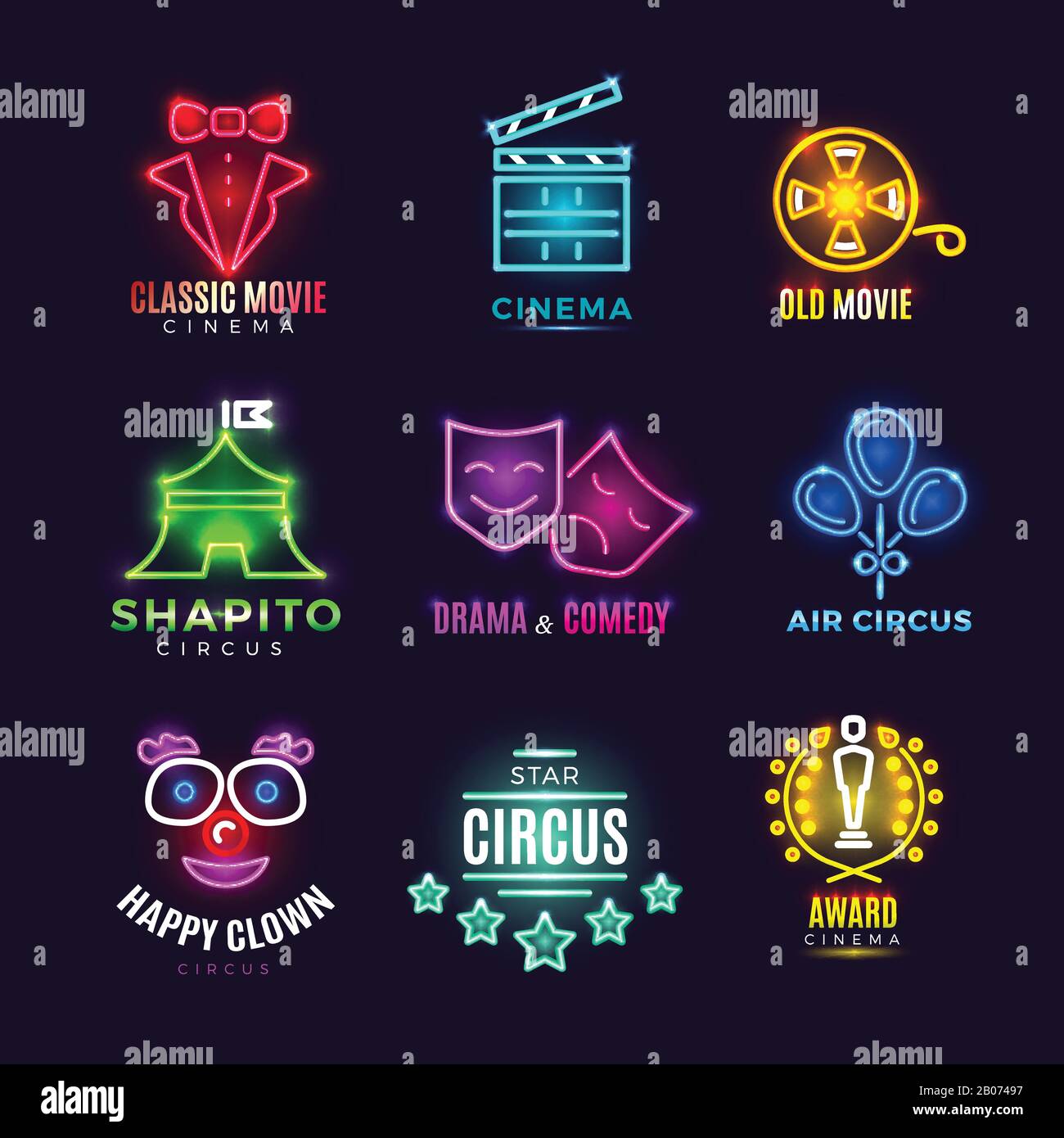 Neon circus, cinema, movie vector vintage labels. Entertainment film and award cinema illustration Stock Vector