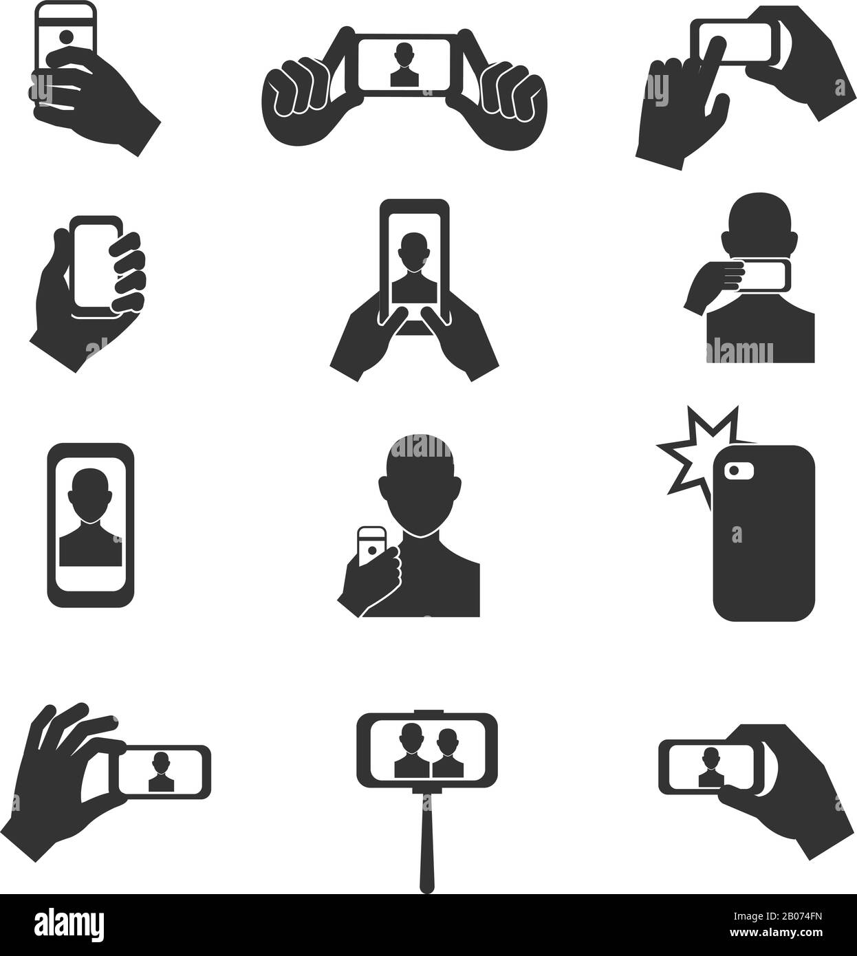 Selfie photo vector icons set. Photography with use smartphone and stick illustration Stock Vector