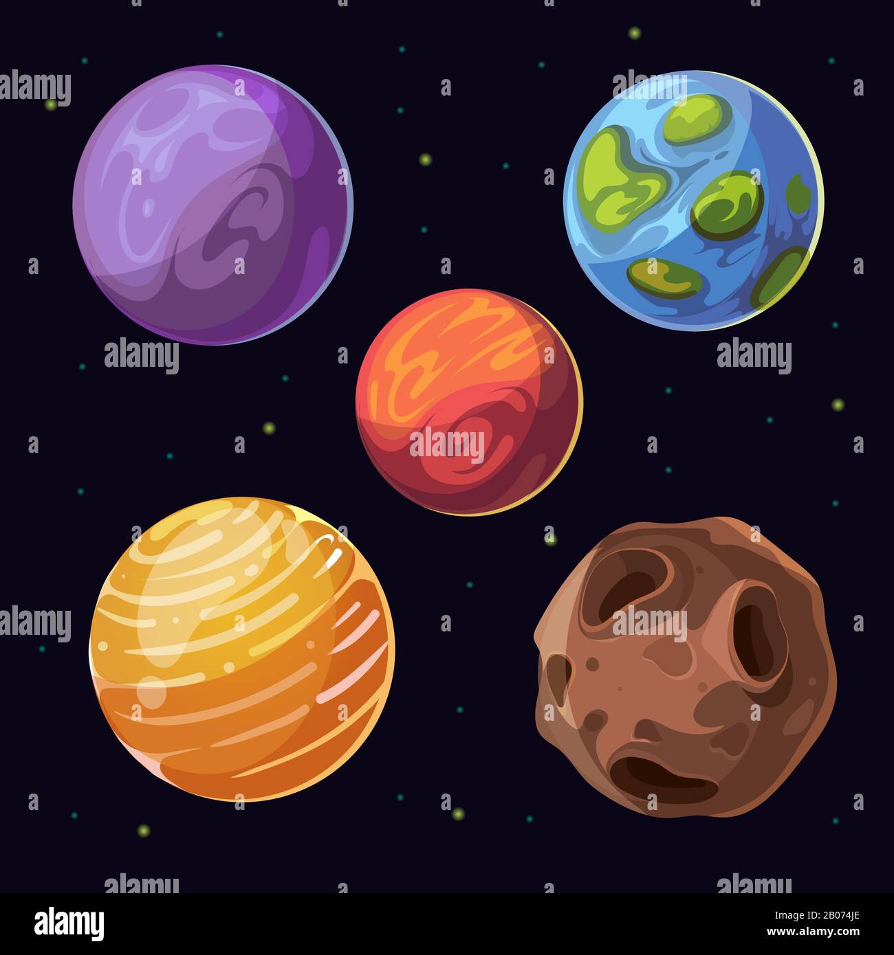 Cartoon alien planets, moons asteroid on space background. Celestial bodies and colored planet. Vector illustration Stock Vector