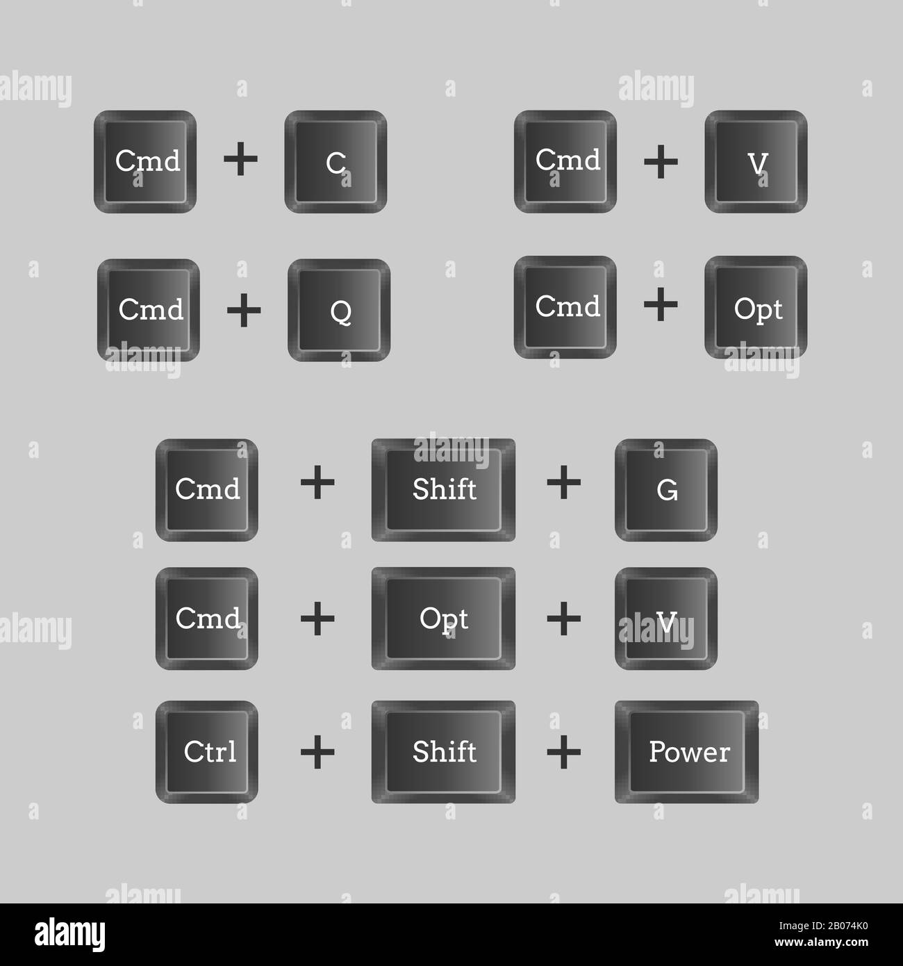 Computer keyboard shortcuts with vector keyboard buttons. Set of fast command instruction illustration Stock Vector