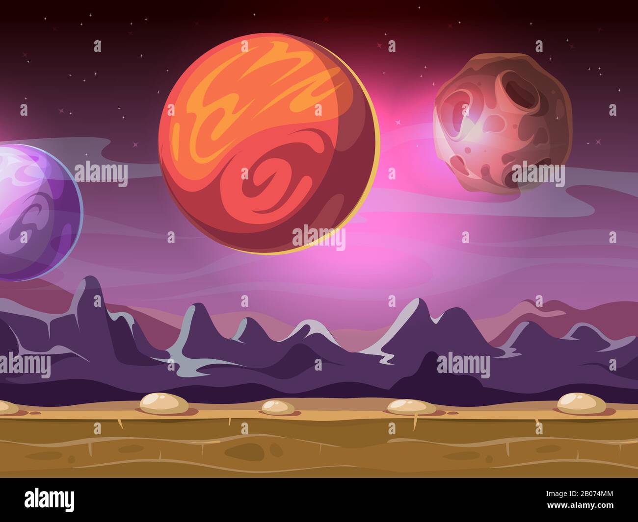 Cartoon alien fantastic landscape with moons and planets on starry sky for computer game background. Fiction gui with mountain illustration Stock Vector