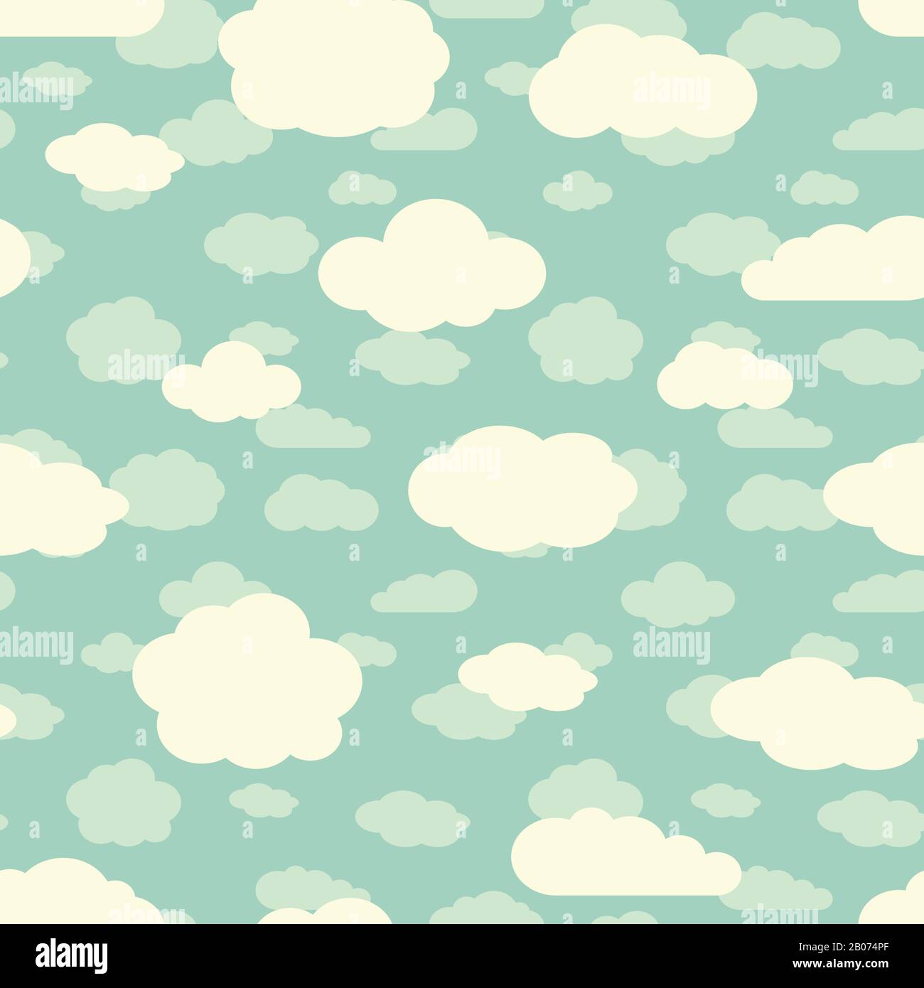 Blue sky and cute white clouds seamless pattern in retro colors. Vector ...