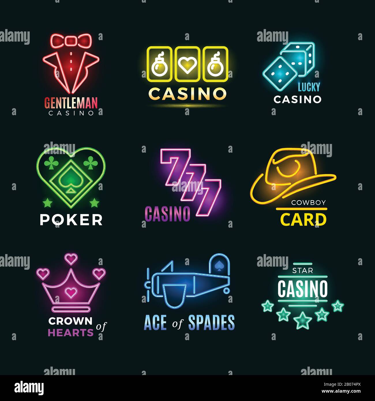 Neon light poker club and casino vector signs set. Fortune and risk, illumination logotype illustration Stock Vector
