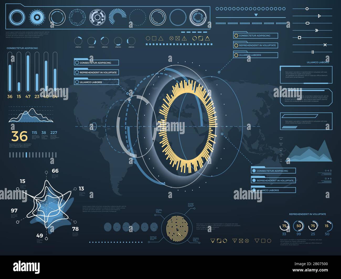 Future concept virtual touch user interface HUD. Vector interactive screen with control panel. Hightech futuristic computer with indicator illustration Stock Vector
