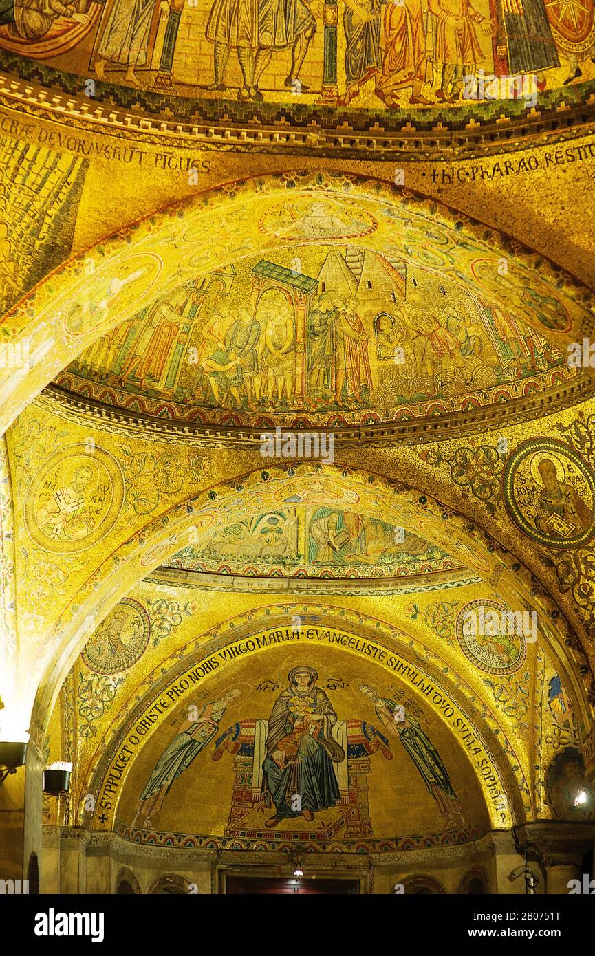 City of Venice, Italy, Europe.  Interior of St. Marks Basilica ornate decorated gold ceiling Stock Photo