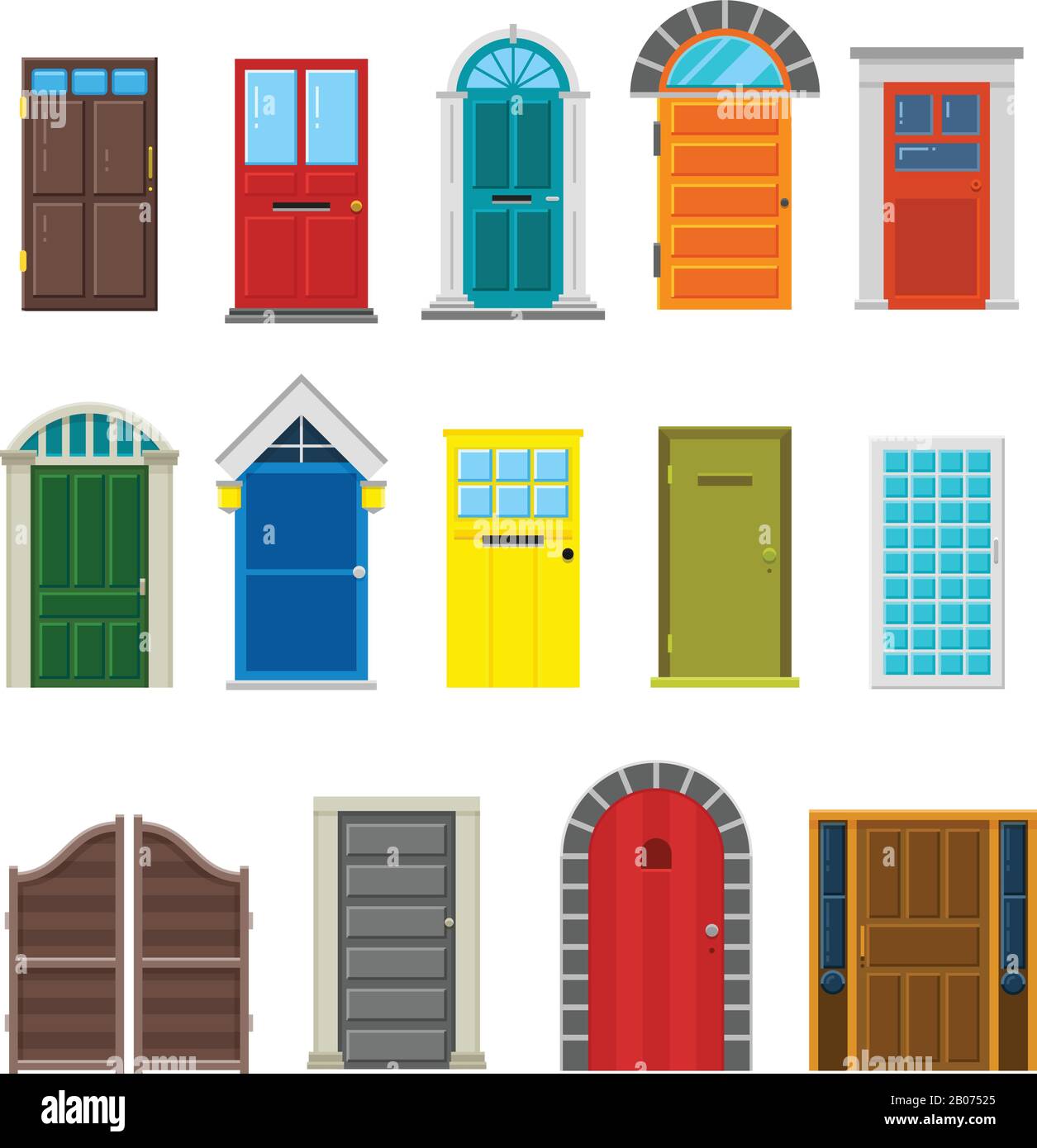 Front house doors flat vector set. Enter doorway to home illustration Stock Vector