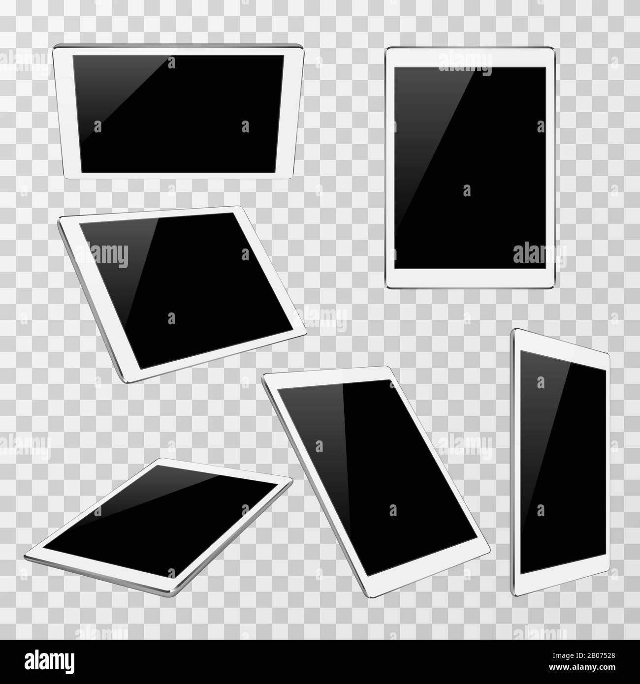 White vector tablet at different angles of view isolated on transparent plaid background. Set of modern portable gadget illustration Stock Vector