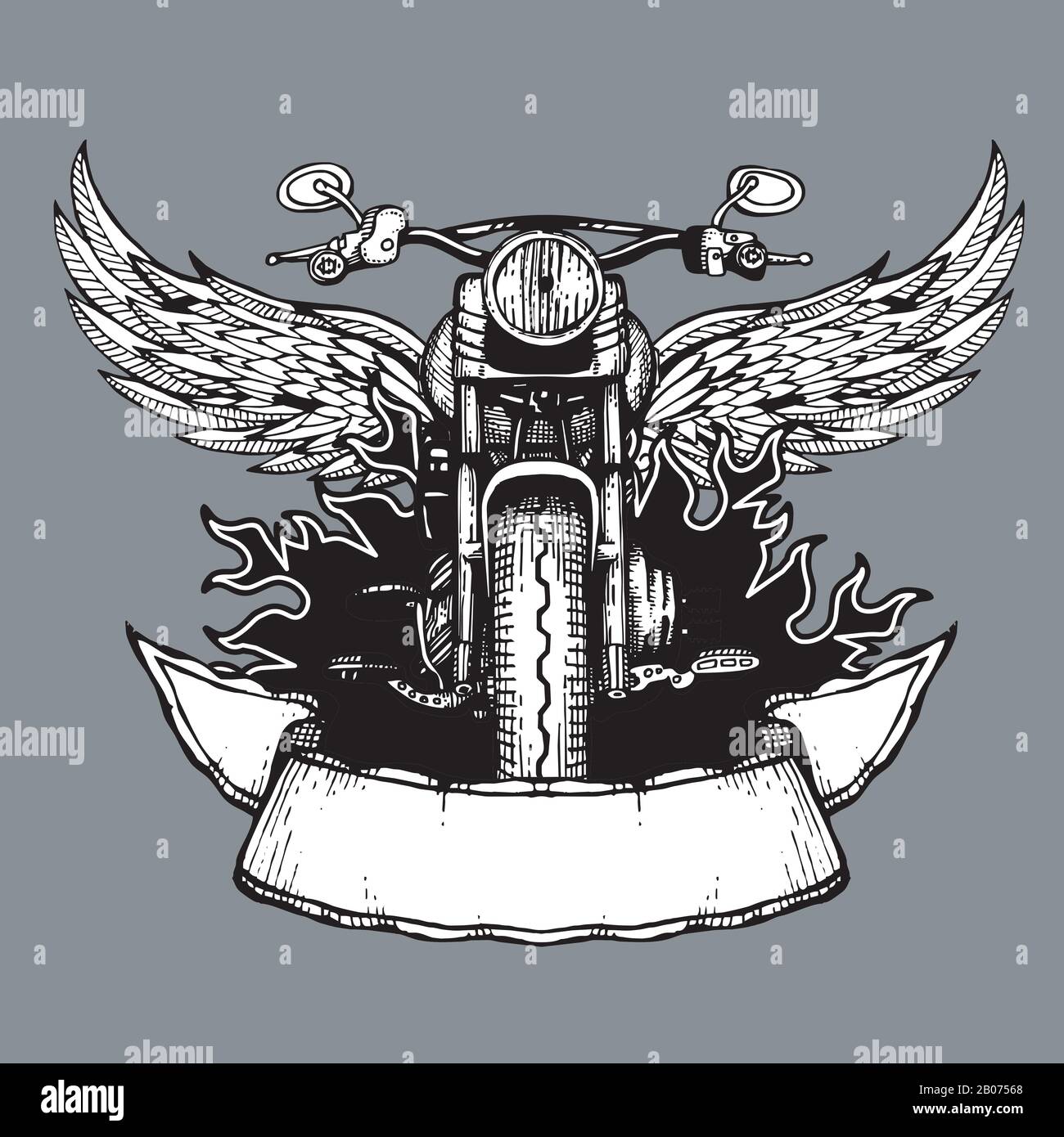Vintage biker vector label, emblem, logo, badge with motorcycle. Motorbike with wings illustration Stock Vector
